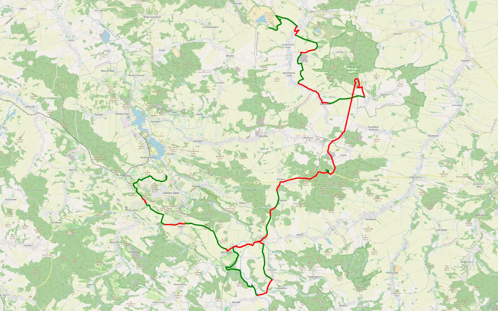 Map of Raciborowice Dolne - Lwówek Śląski - 60.3 km offroad trail, Lwówek Śląski County