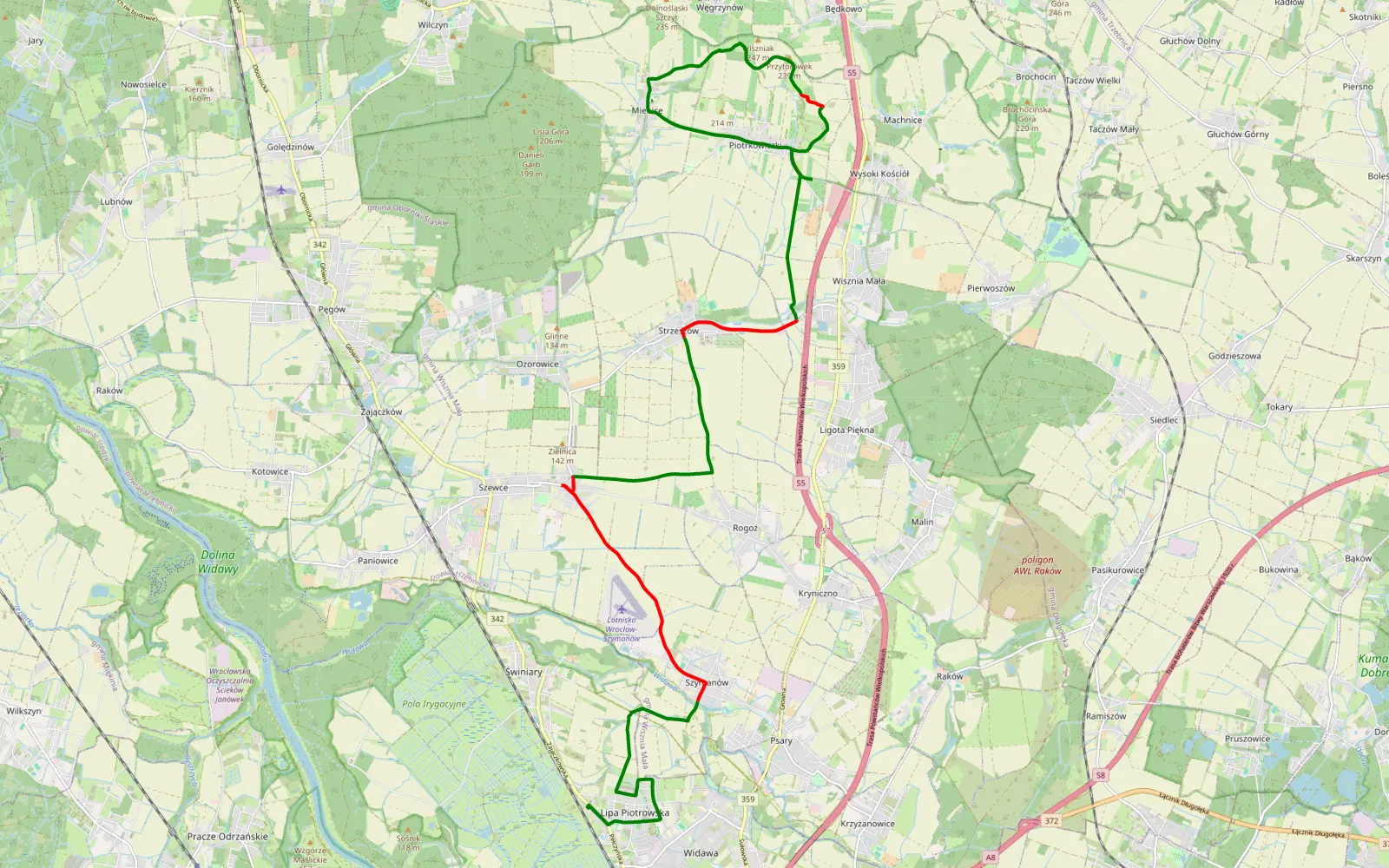 Mapa trasy Lipa Piotrowska - Piotrkowiczki - 20.3 km trasy offroad, Powiat Trzebnicki