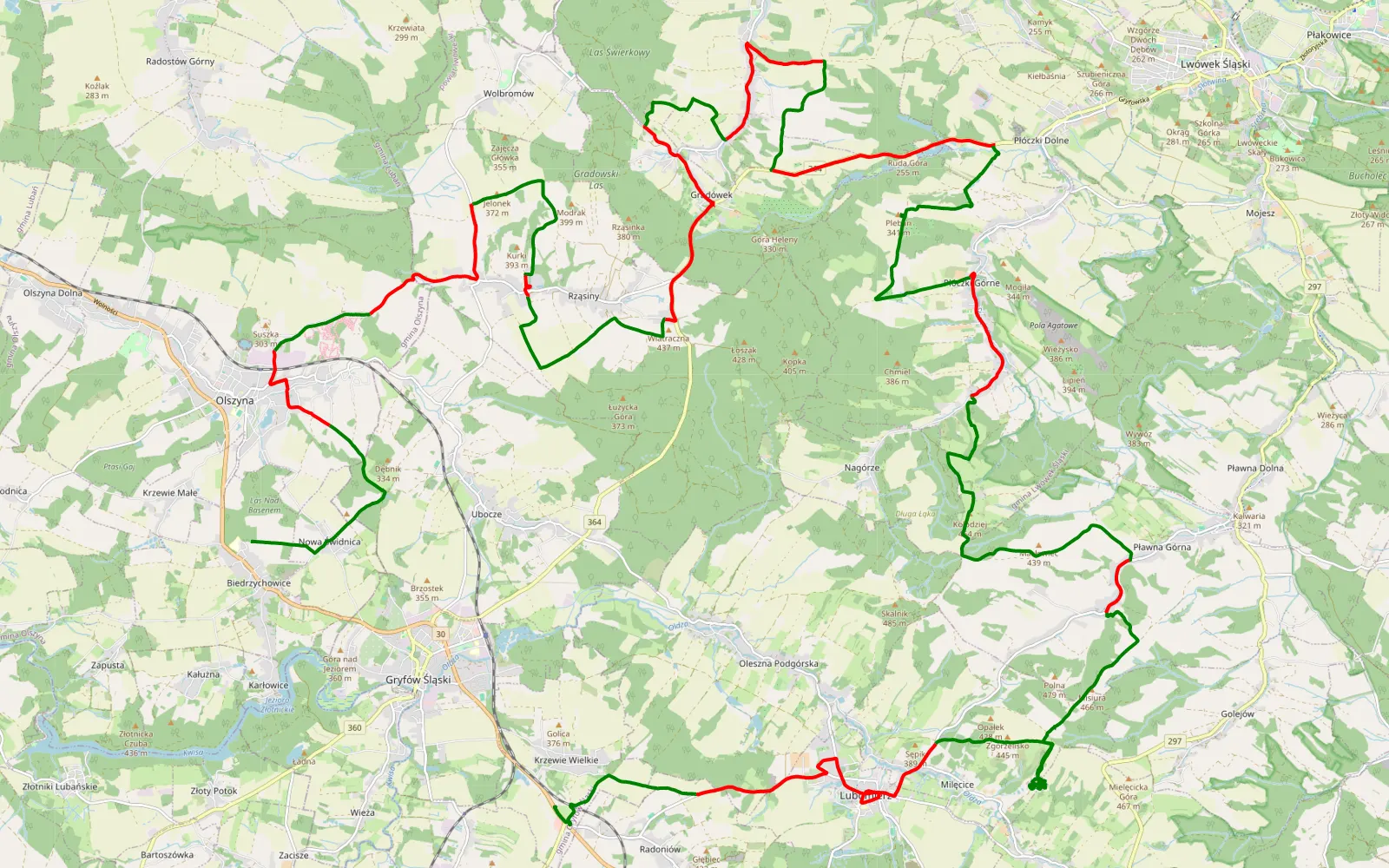 Mapa trasy Biedrzychowice - Krzewie Wielkie - 60.9 km trasy offroad, Powiat Lwówecki