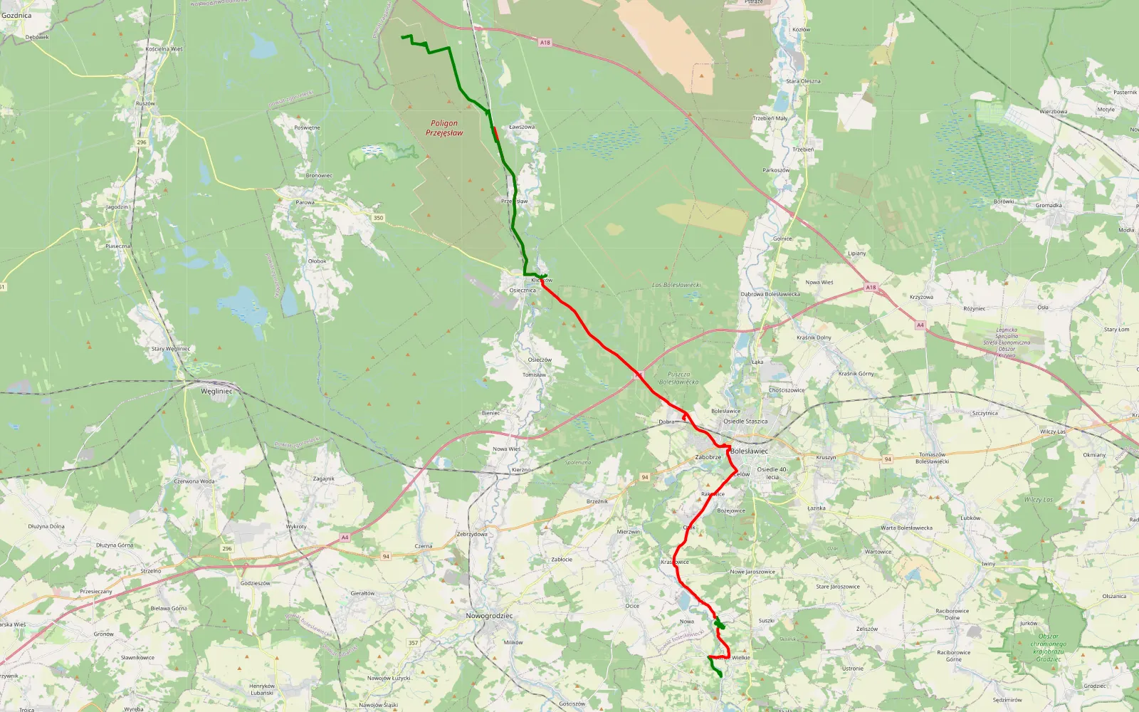 Map of Włodzice Małe - grzyby Przejeslaw - Kliczków - 50.9 km offroad trail, Bolesławiec County