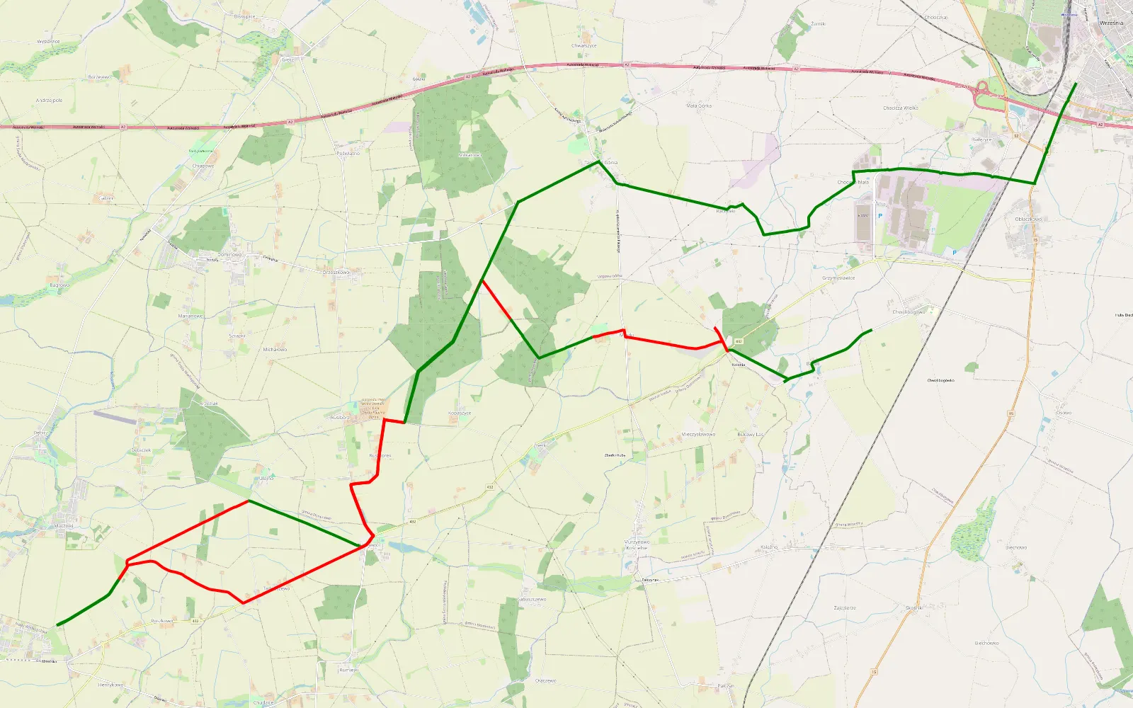 Map of Chwalibogowo - Września - 28.9 km offroad trail, Środa Wielkopolska County