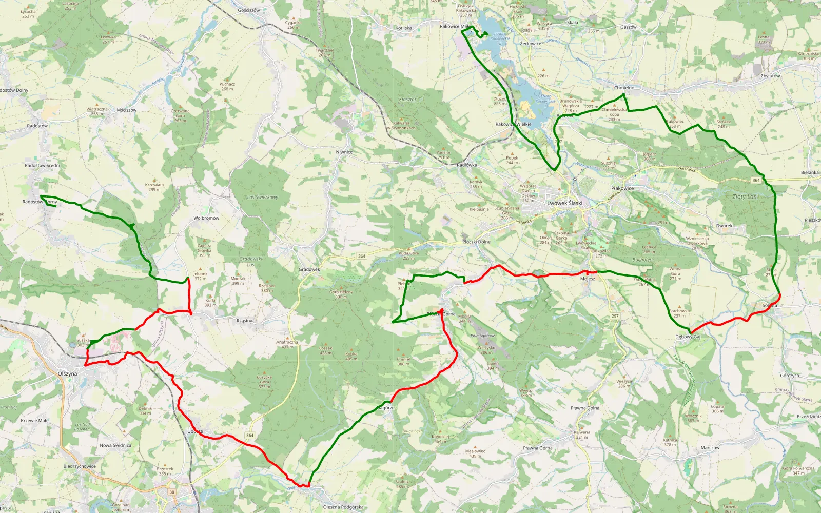 Mapa trasy Radostów Średni - Rakowice Małe - 55 km trasy offroad, Powiat Lwówecki