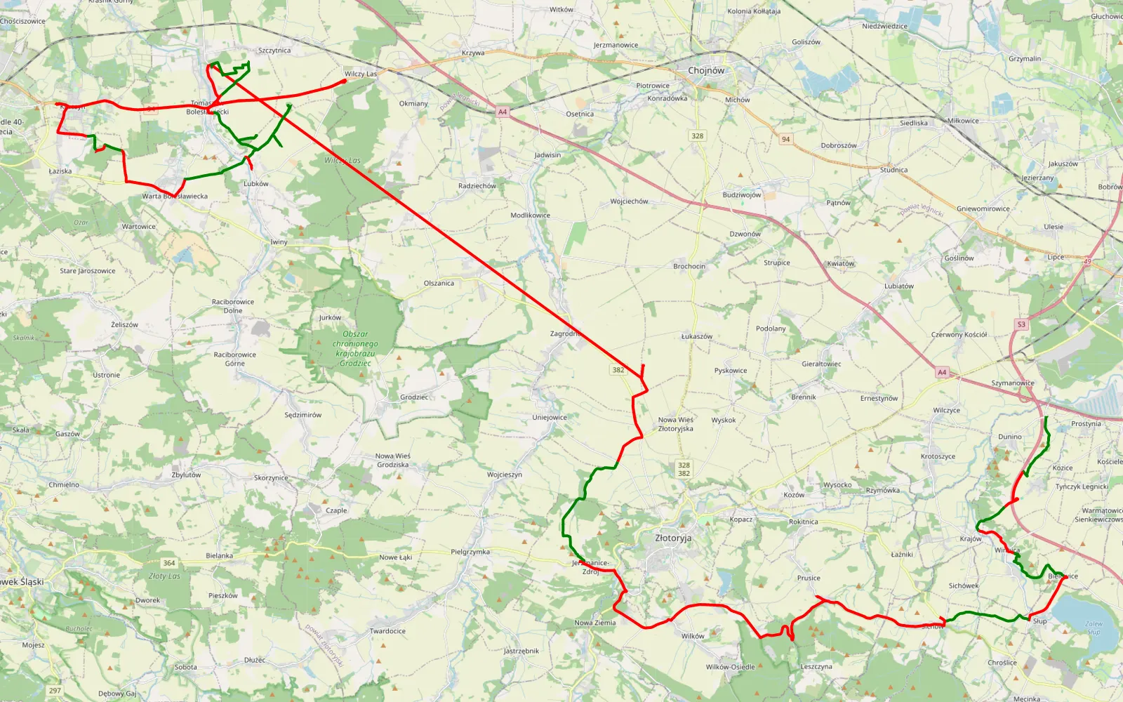 Map of Prostynia - Nowa Wieś Złotoryska - 106.3 km offroad trail, Bolesławiec County