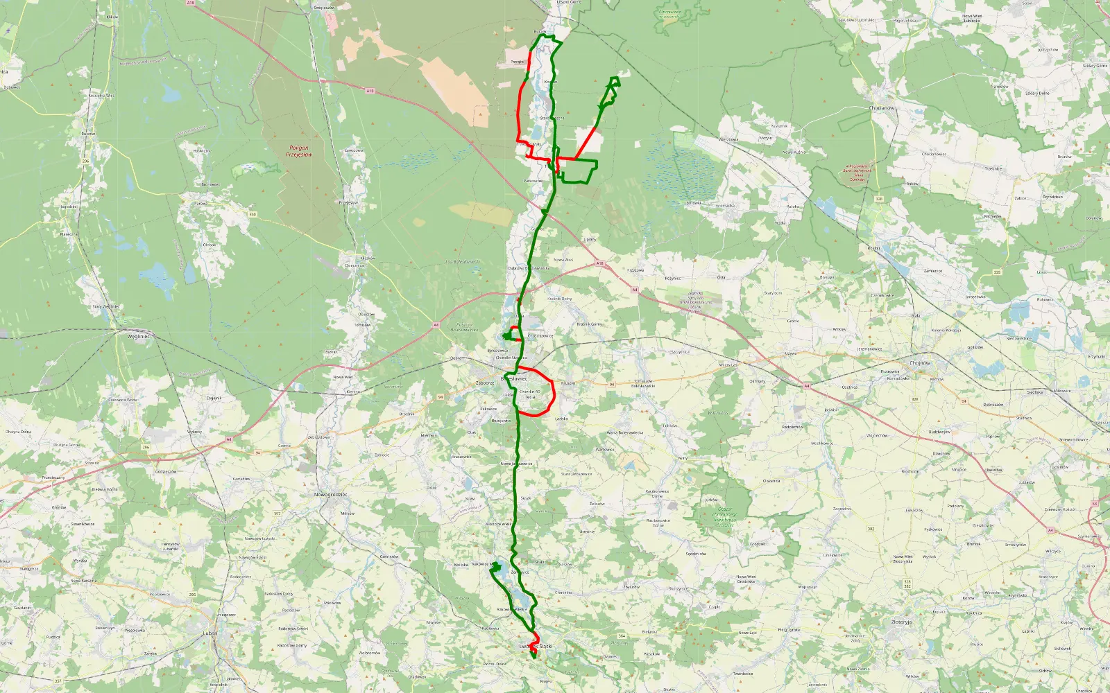 Map of Jezioro Rakowickie- Pustynia Kozłowska - 93.6 km offroad trail, Bolesławiec County