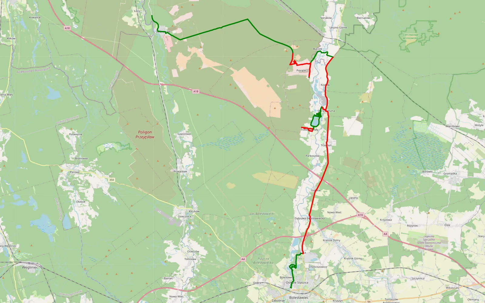 Map of Bolesławice - Lozy - 57 km offroad trail, Bolesławiec County