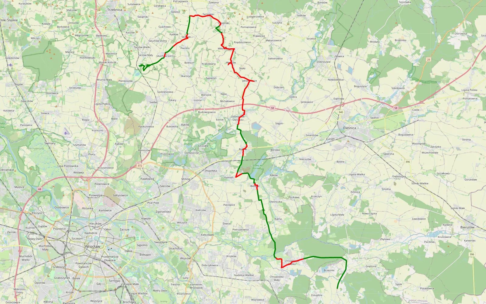 Mapa trasy Pętla - 51.8 km trasy offroad, Powiat Wrocławski