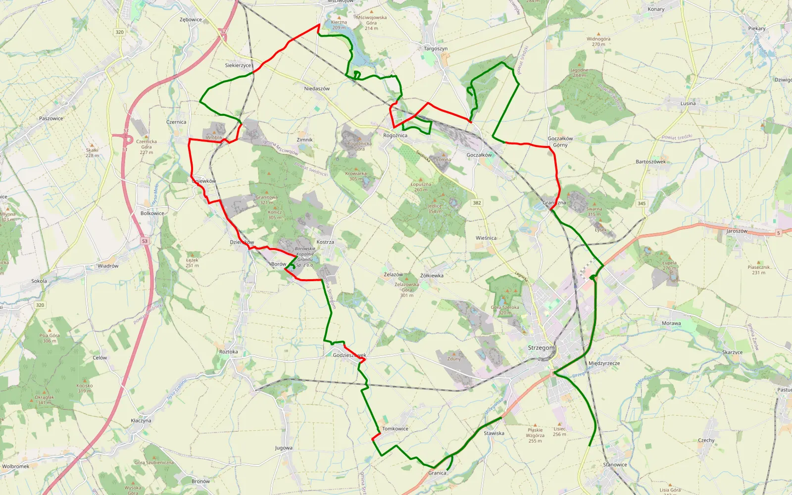 Map of Granica- Mściwojów- Goczałków - 42.8 km offroad trail, Świdnica County