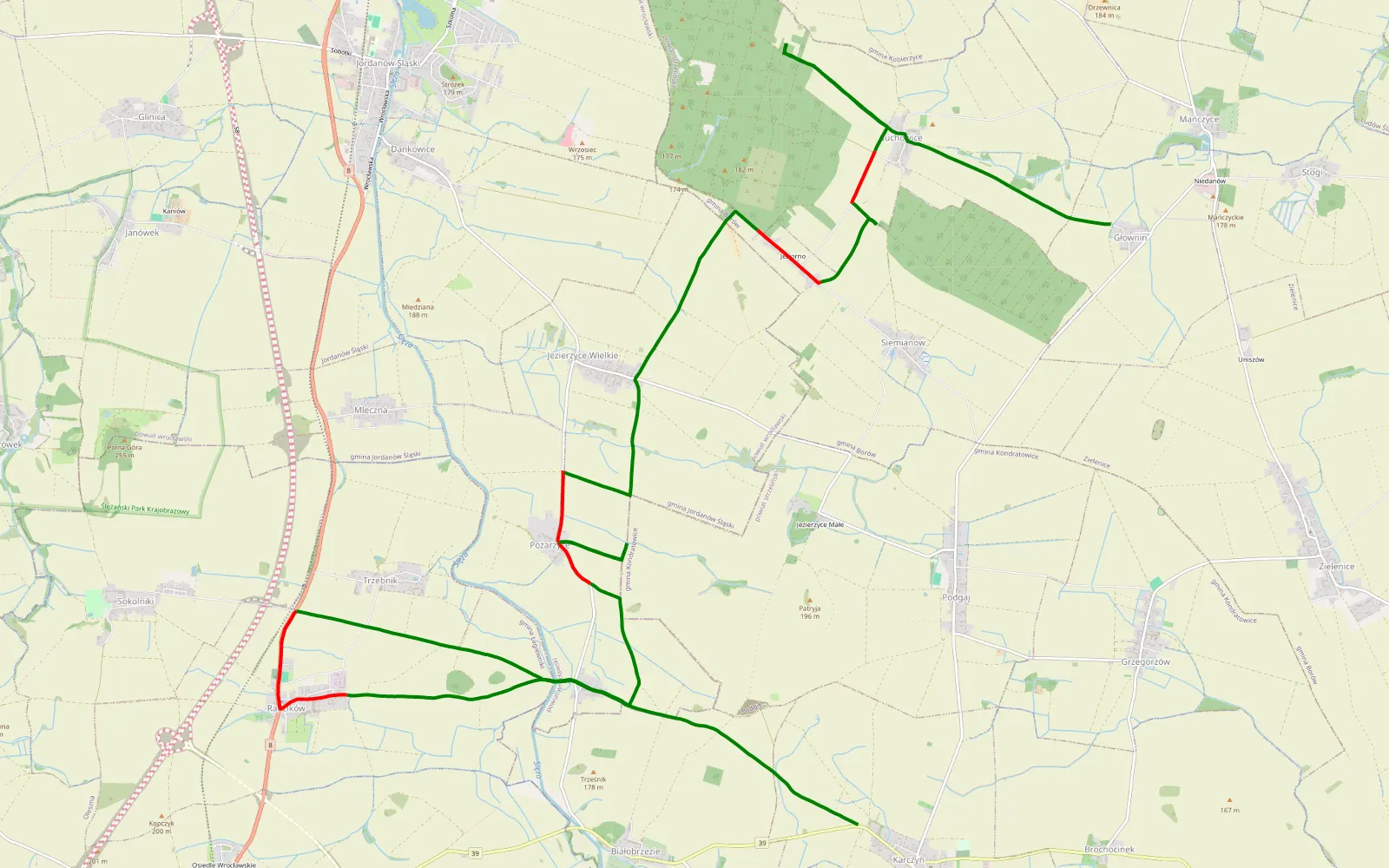 Map of Karczyn - Głownin - 24.8 km offroad trail, Strzelin County