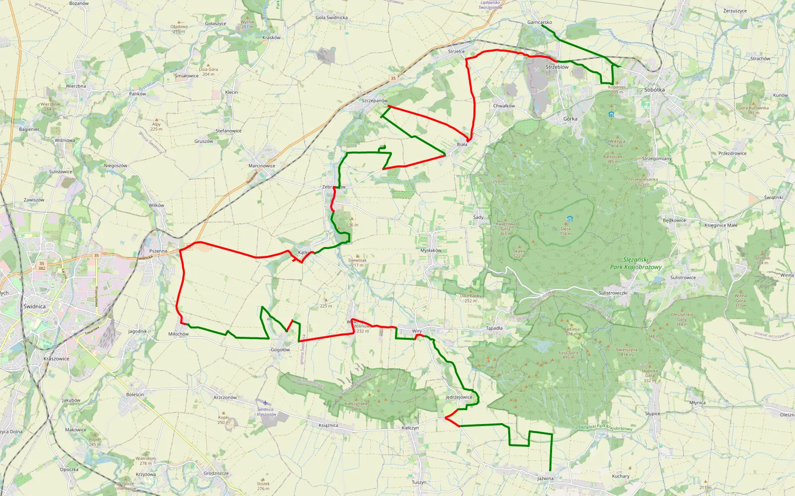 Map of Camcarsko - Jażwina - 47.5 km offroad trail, Świdnica County