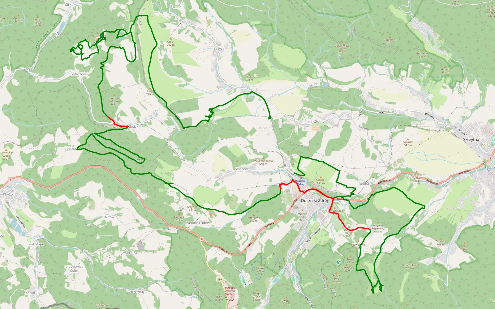 Mapa trasy Duszniki-Zdrój - Łężyce - 34.5 km trasy offroad, Powiat Kłodzki