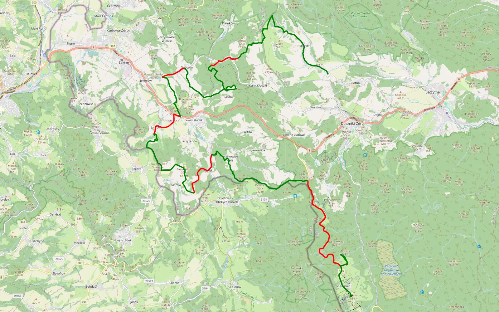 Mapa trasy Łężyce - Zieleniec - 38.3 km trasy offroad, Powiat Kłodzki