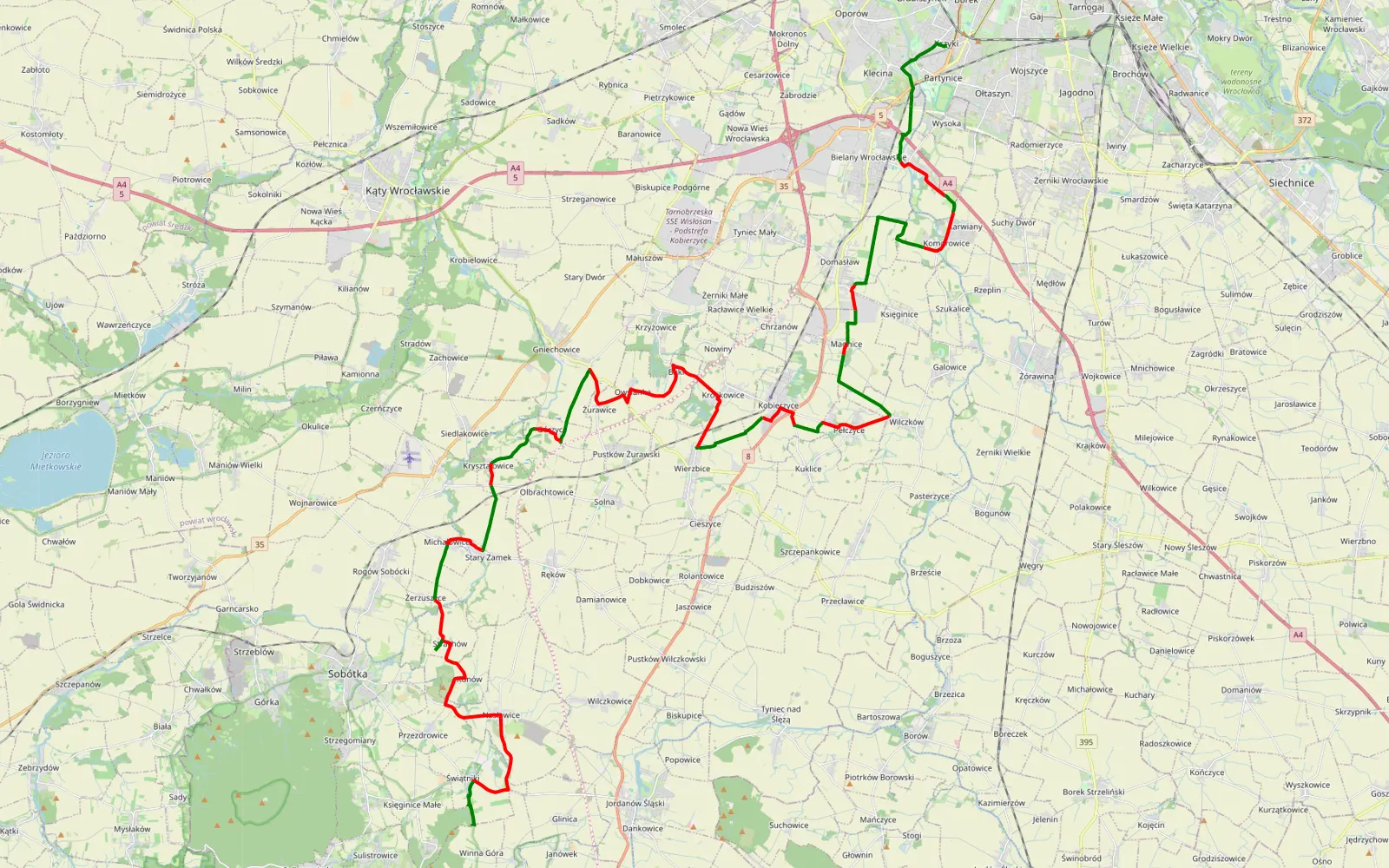 Mapa trasy Krzyki - sobótka w trakcie powodzi - 54 km trasy offroad, Powiat Wrocławski