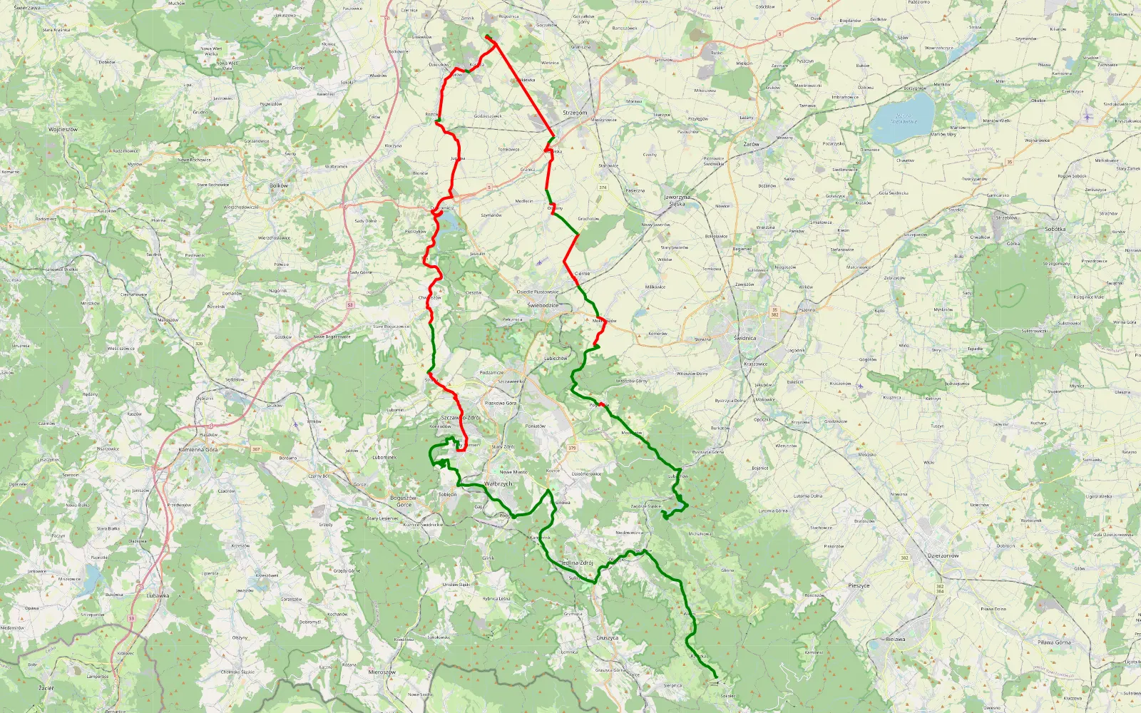 Mapa trasy Zagórze Śląskie - Rzeczka - 70.2 km trasy offroad, Powiat Świdnicki