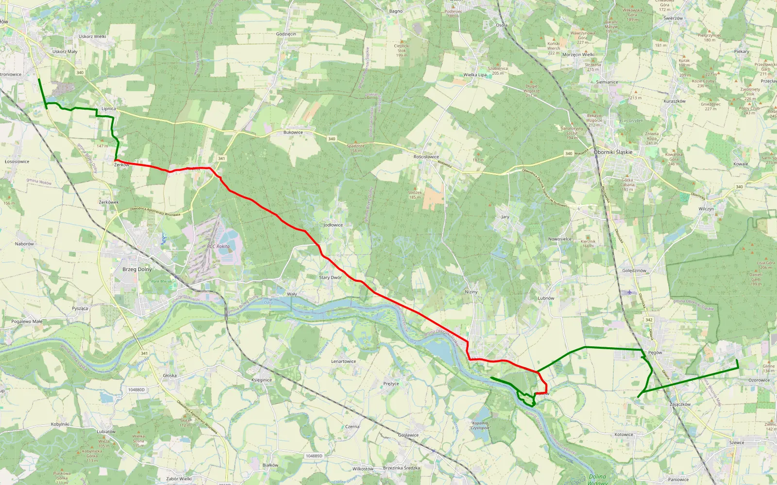 Mapa trasy Ozorowice - Piotroniowice - 24.3 km trasy offroad, Powiat Wołowski