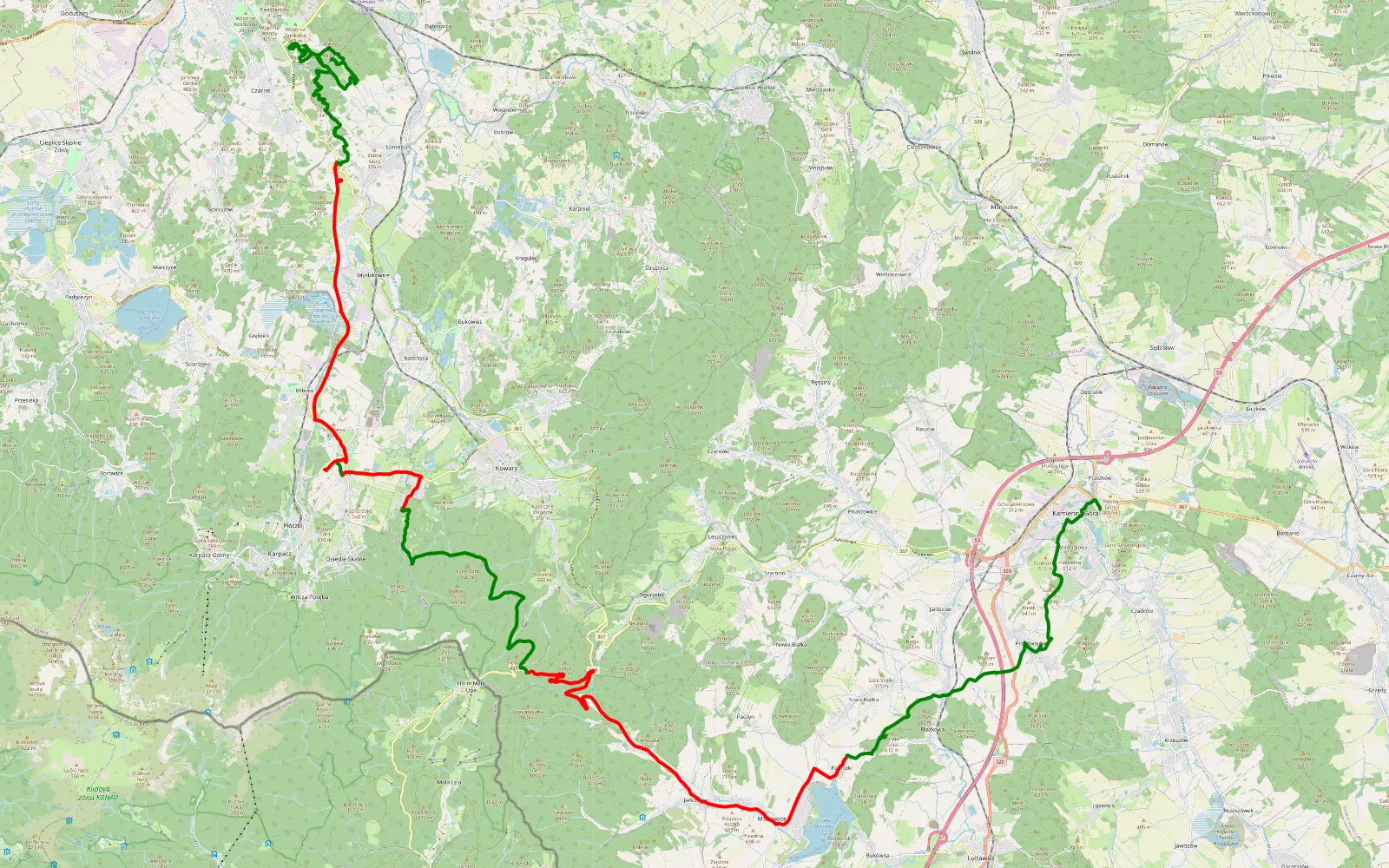 Mapa trasy Czarne - Ptaszków - 52.6 km trasy offroad, Powiat Karkonoski