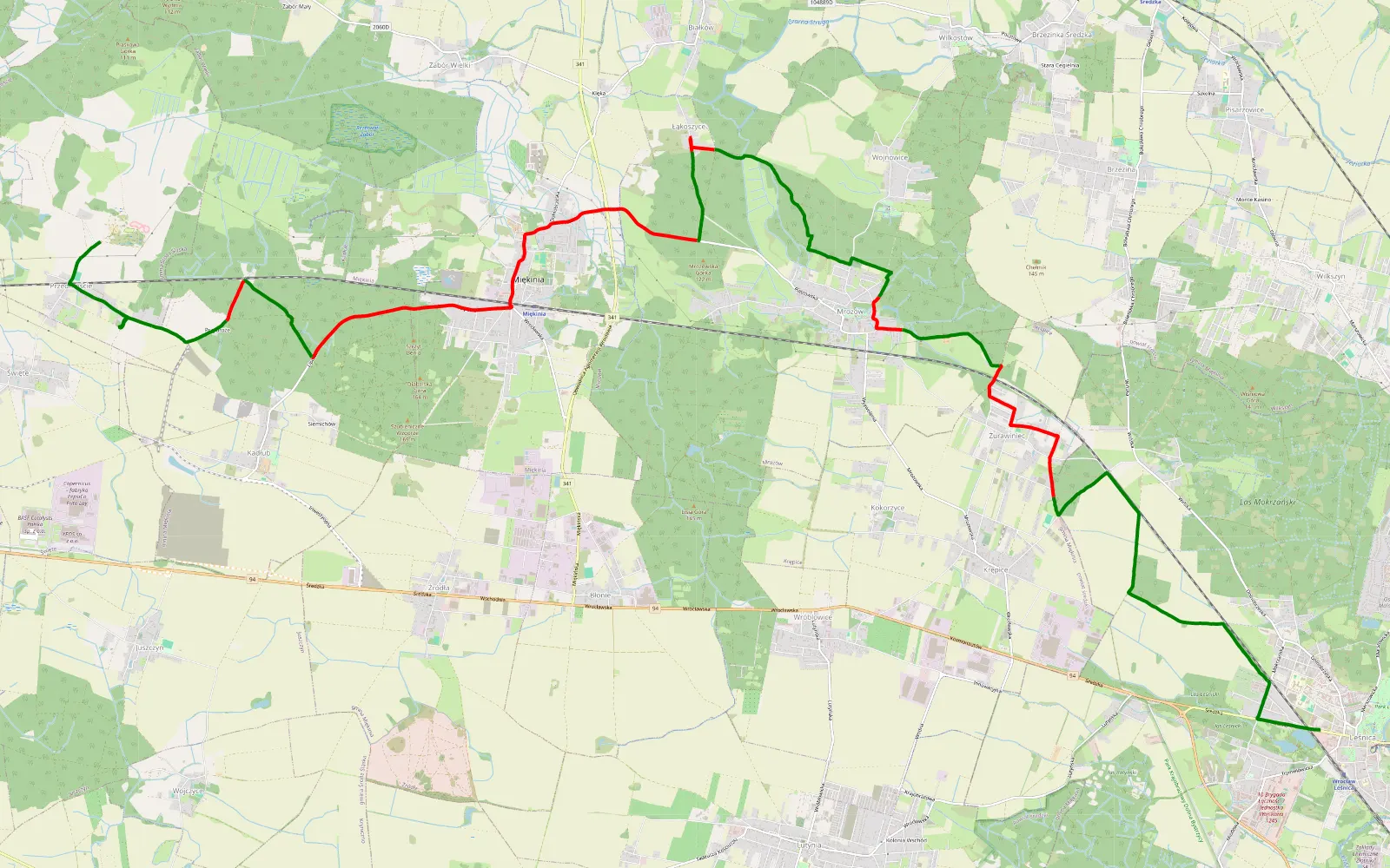 Mapa trasy Leśnica - Święte - 21 km trasy offroad, Powiat Średzki