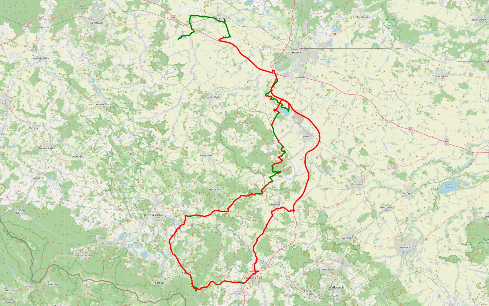 Mapa trasy Prostynia - Radziechów - 181.9 km trasy offroad, Powiat Jaworski