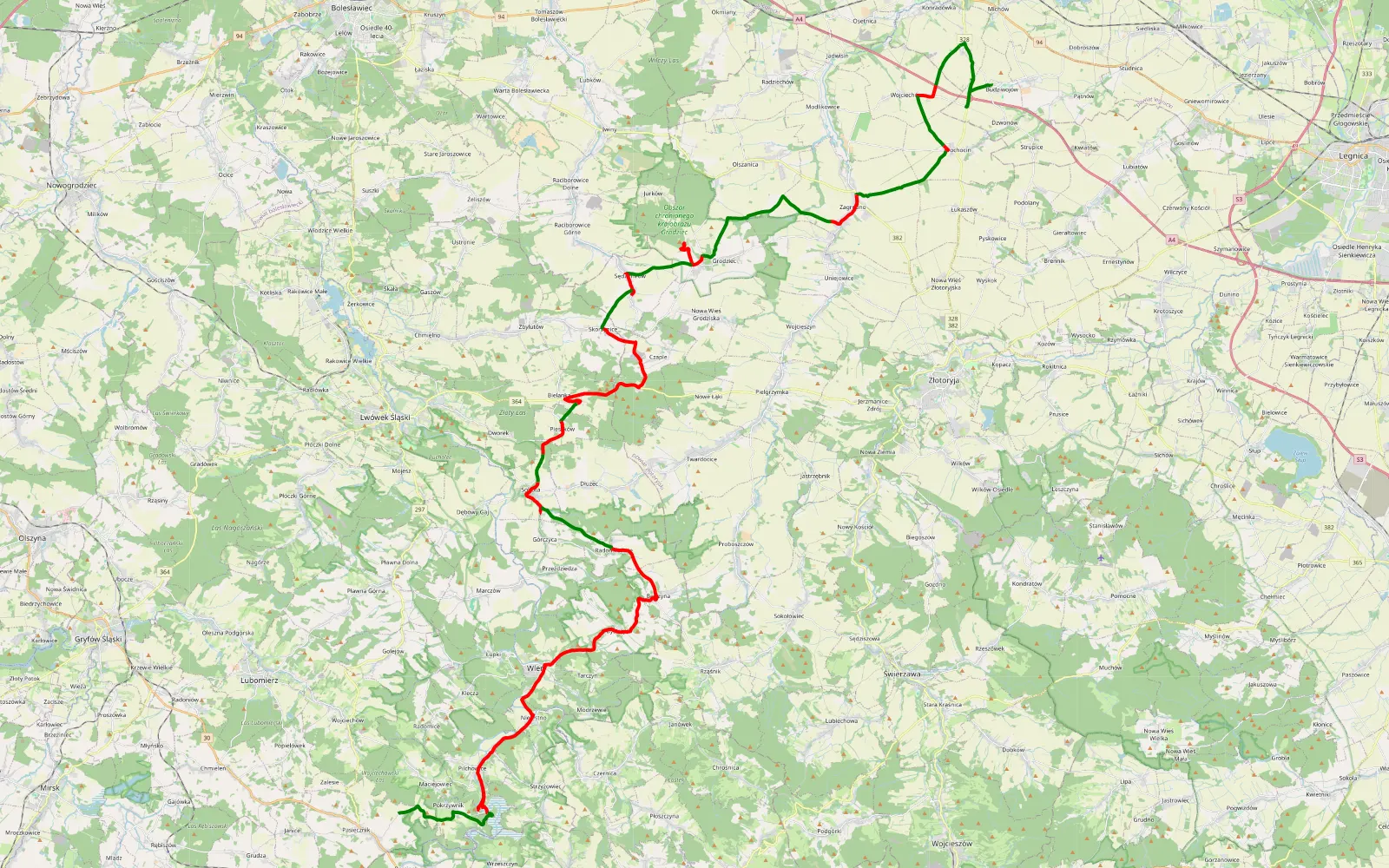 Map of Gołaczów - Pasiecznik - 67.6 km offroad trail, Lwówek Śląski County