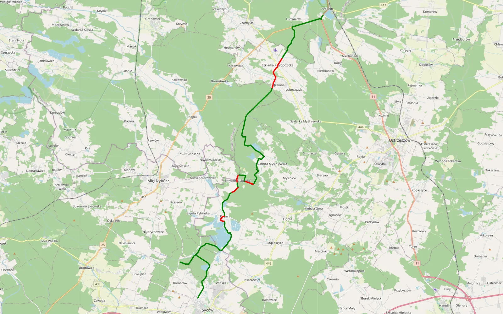 Mapa trasy Syców - Antonin - 35.2 km trasy offroad, Powiat Ostrzeszowski