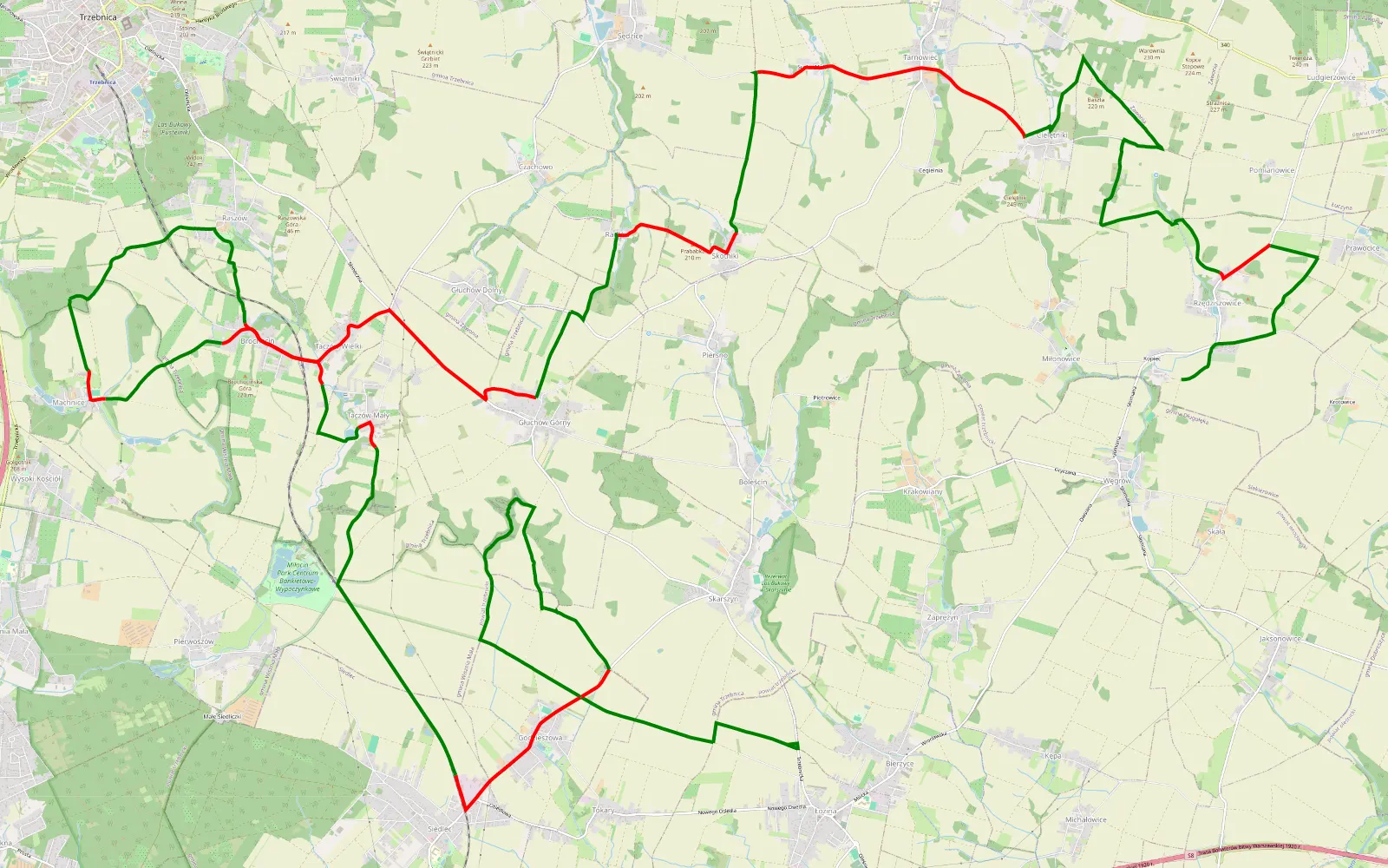 Mapa trasy lozina raszow prababka cieletniki wegrow 45 km.gpx - 44.2 km trasy offroad, Powiat Trzebnicki