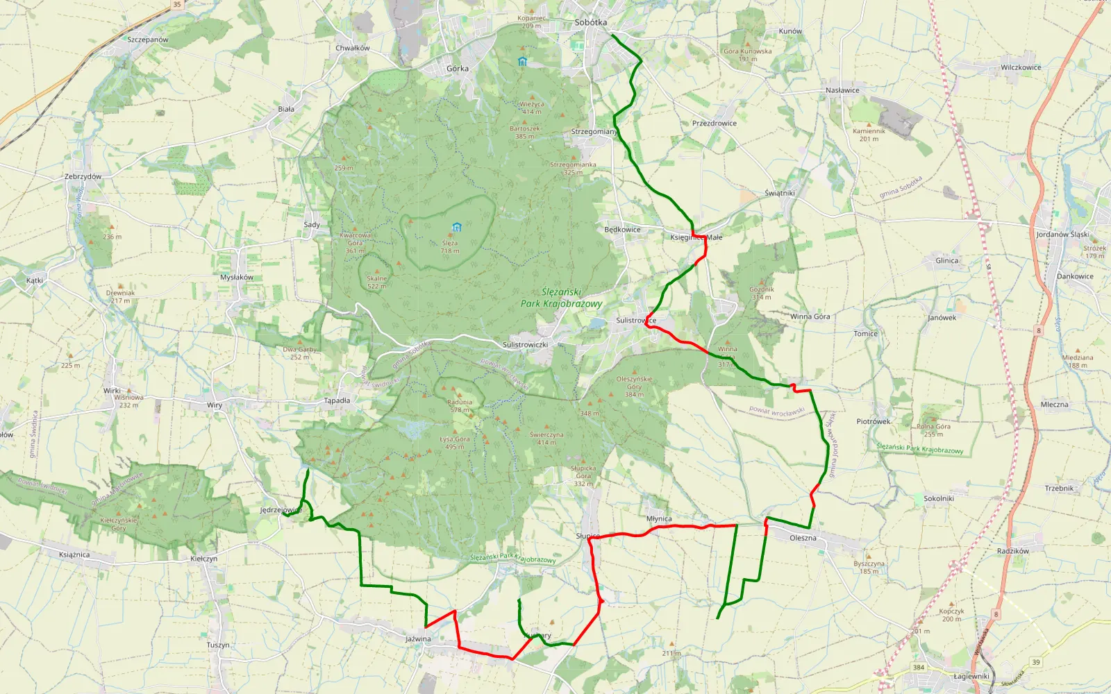 Map of Sobótka - Jędrzejowice - 33.2 km offroad trail, Dzierżoniów County
