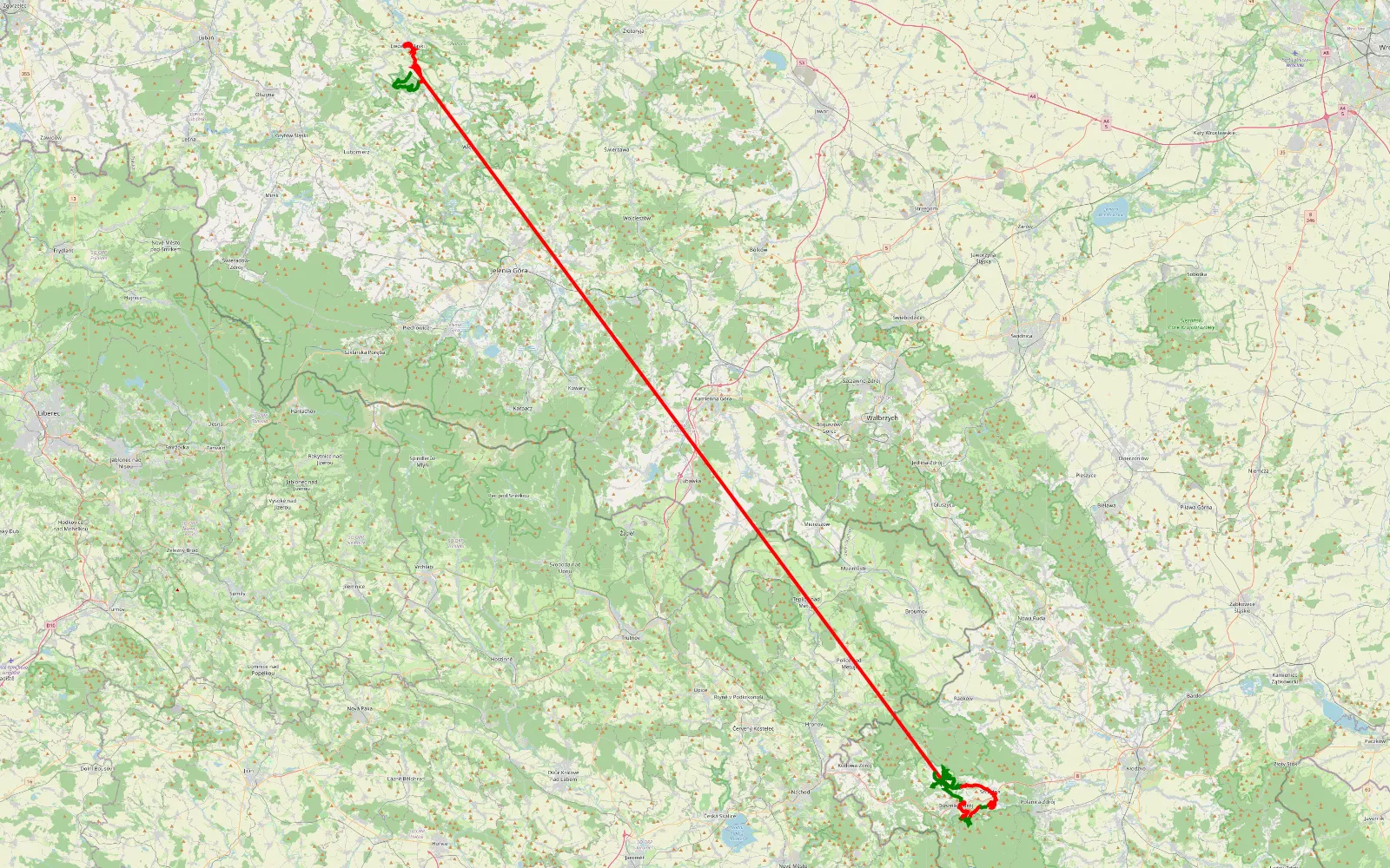 Mapa trasy Mojesz Dolny - Łężyce - 143.4 km trasy offroad, Powiat Kłodzki