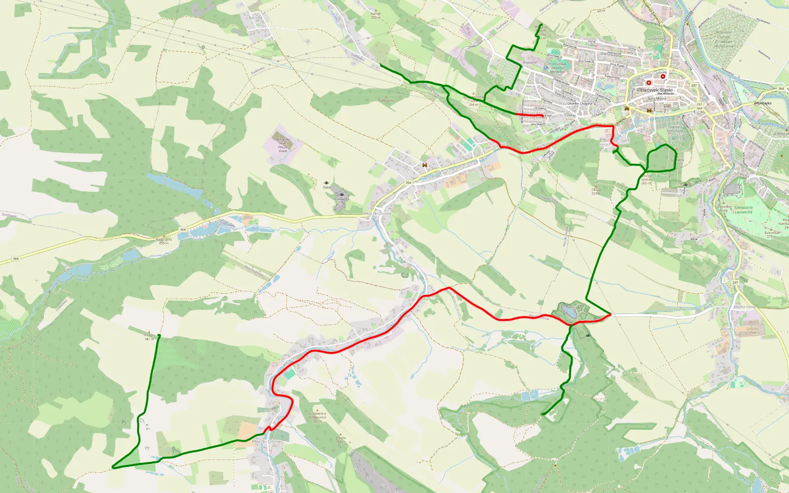 Mapa trasy Płóczki Górne - Lwówek Śląski - 19.1 km trasy offroad, Powiat Lwówecki