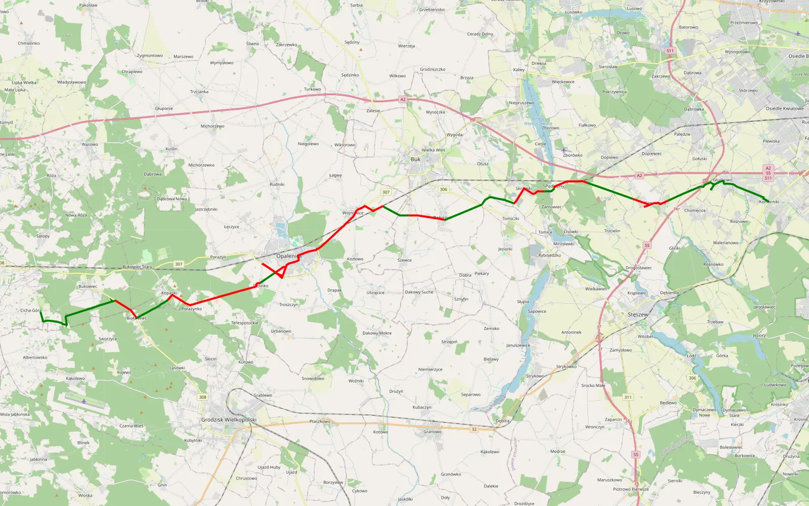 Mapa trasy Komorniki - Cicha Góra - 48.7 km trasy offroad, Powiat Nowotomyski