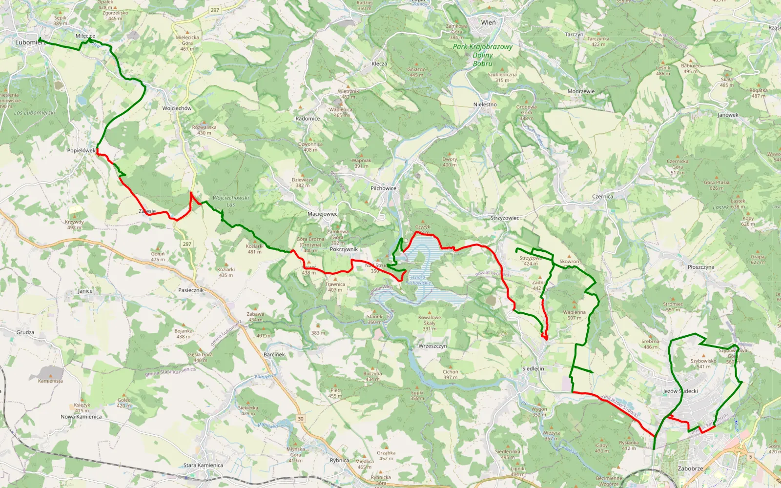 Mapa trasy Lubomierz - Jeżów Sudecki - 40.1 km trasy offroad, Powiat Lwówecki