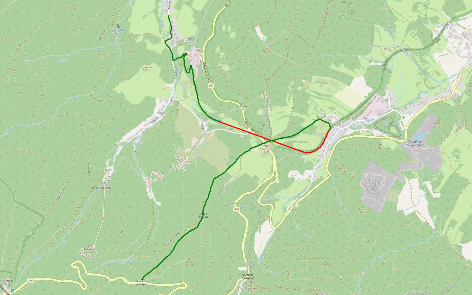 Mapa trasy Kowary Górne - Horní Malá Úpa - 6.1 km trasy offroad, Powiat Karkonoski