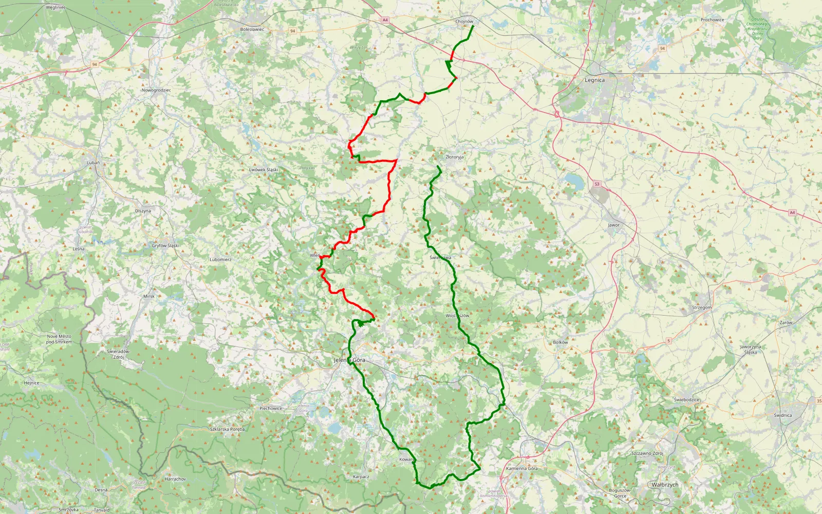 Map of Michów - Jerzmanice-Zdrój - 70.9 km offroad trail, Złotoryja County