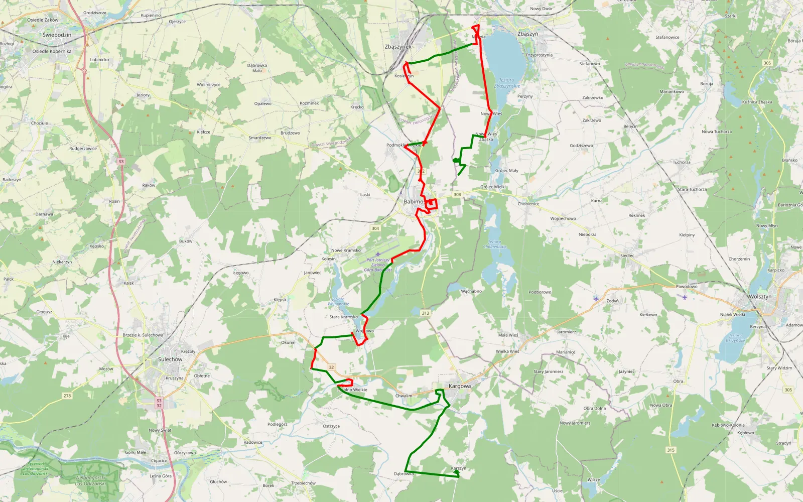 Mapa trasy Grójec Wielki - Karszyn - 58.7 km trasy offroad, Powiat Zielonogórski