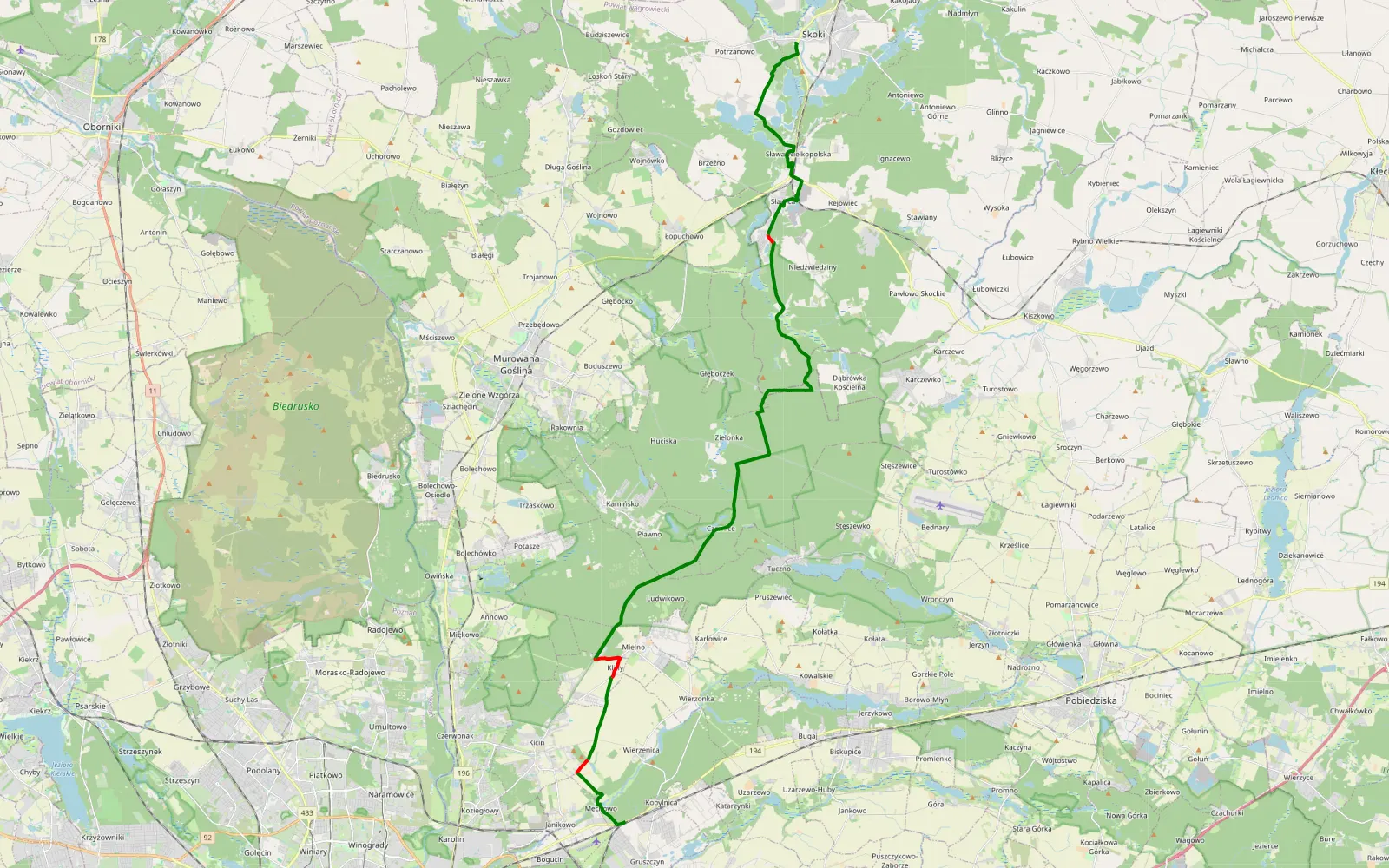 Map of Mechowo - Skoki - 29.4 km offroad trail, Poznań County