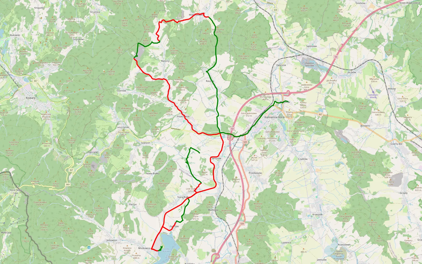 Mapa trasy Janiszów - Ptaszków - 38.6 km trasy offroad, Powiat Kamiennogórski