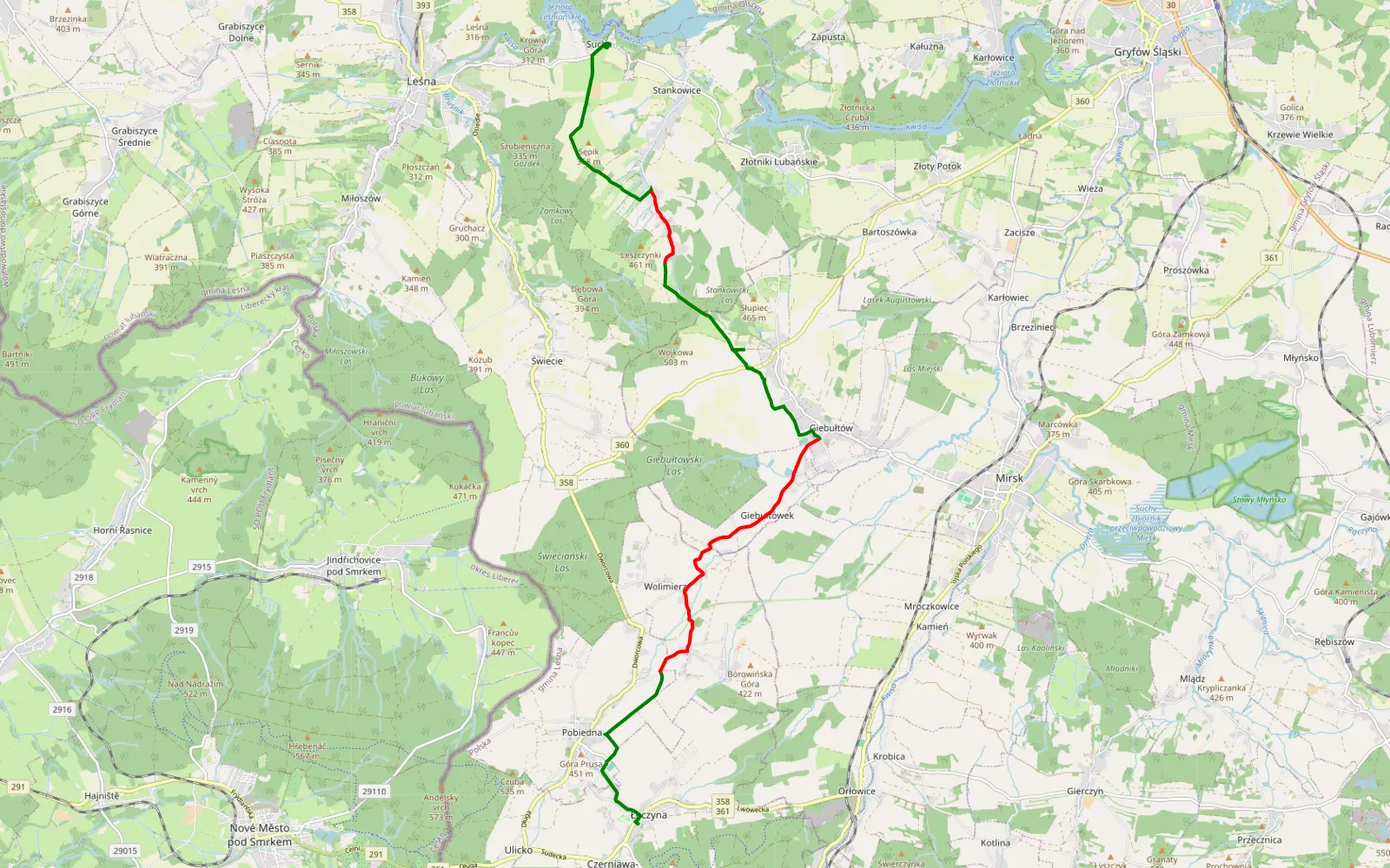 Mapa trasy Sucha - Łęczyna - 15.1 km trasy offroad, Powiat Lubański