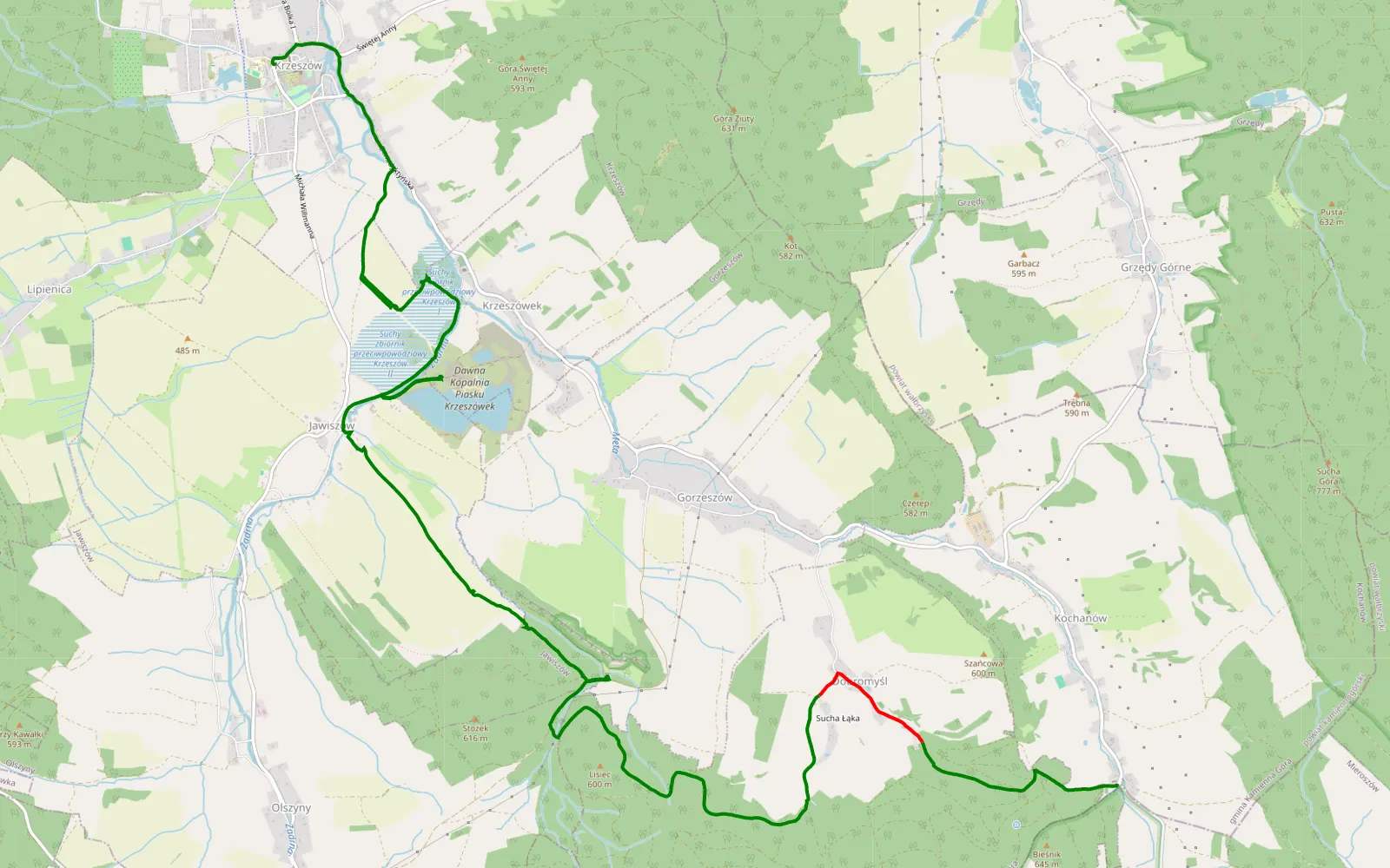 Mapa trasy Krzeszów - Kochanów - 15 km trasy offroad, Powiat Kamiennogórski
