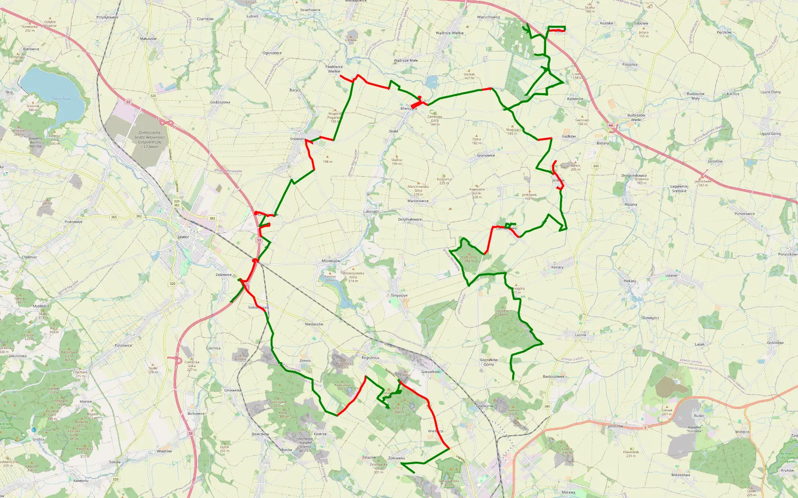 Mapa trasy Graniczna- A4- Zółkiewka - 83.4 km trasy offroad, Powiat Jaworski