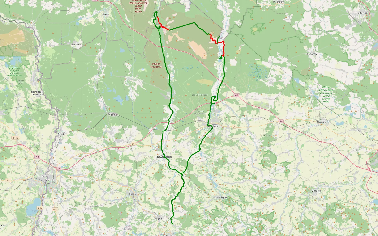 Map of GRYFÓW swietoszow poligony - 39 km offroad trail, Bolesławiec County