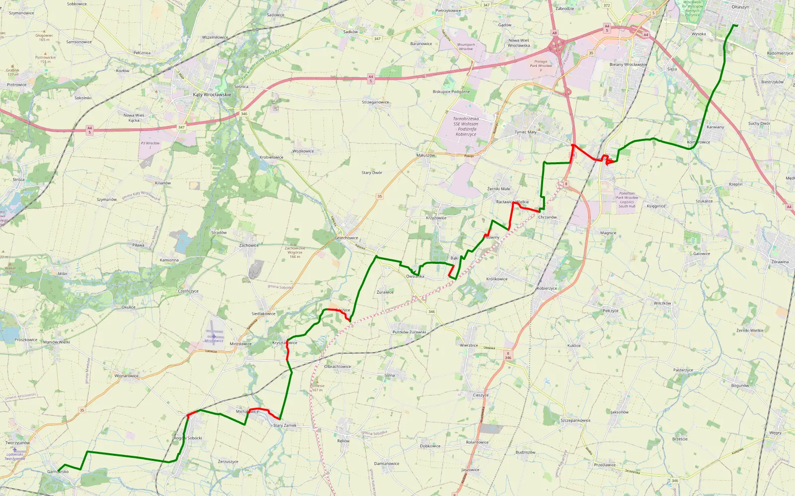 Mapa trasy Wysoka - Camcarsko - 35.4 km trasy offroad, Powiat Wrocławski