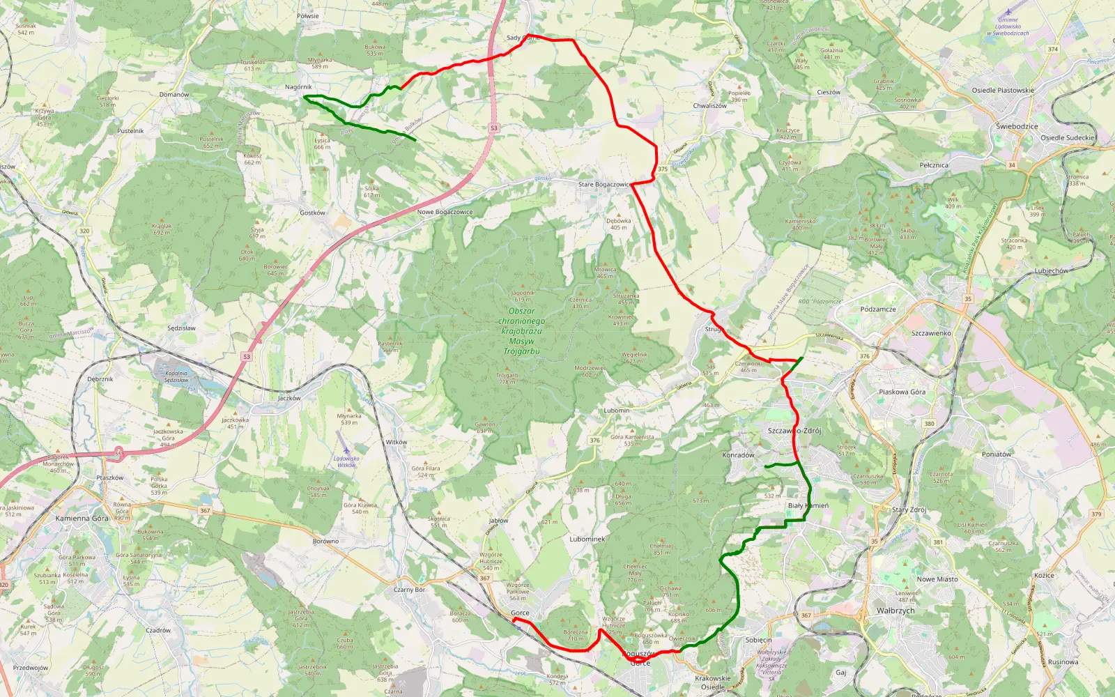 Mapa trasy Nowe Bogaczowice - Opoka - 41.6 km trasy offroad, Powiat Wałbrzyski