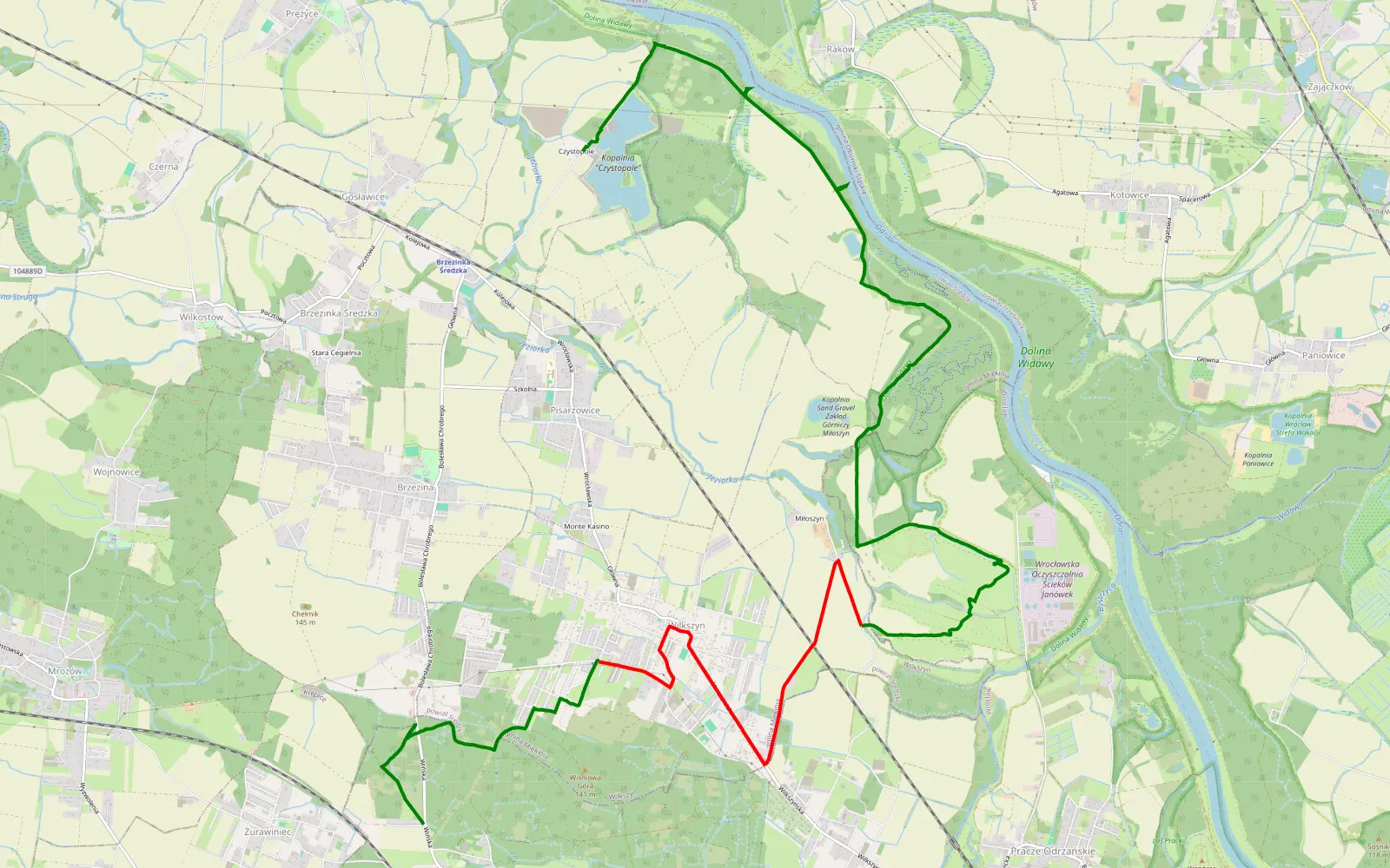 Mapa trasy Żórawiniec - Brzezinka Średzka - 19.6 km trasy offroad, Powiat Średzki