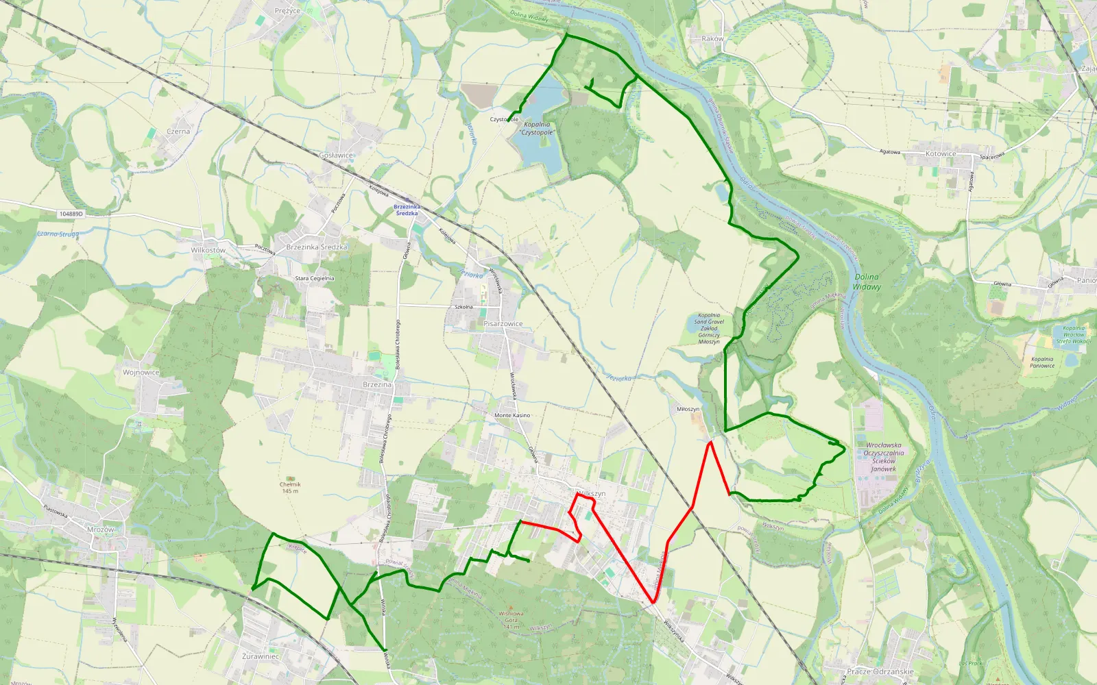 Mapa trasy Żórawiniec - Brzezinka Średzka - 26.1 km trasy offroad, Powiat Średzki