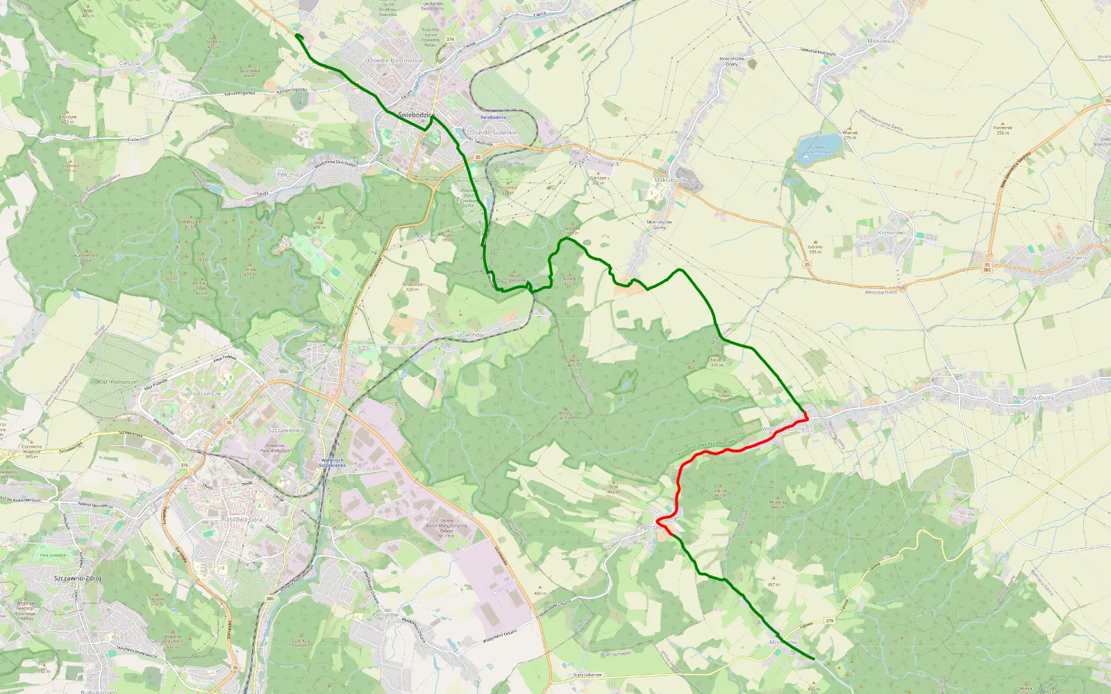 Mapa trasy Pełcznica - Mokrzeszów - 12.4 km trasy offroad, Powiat Świdnicki