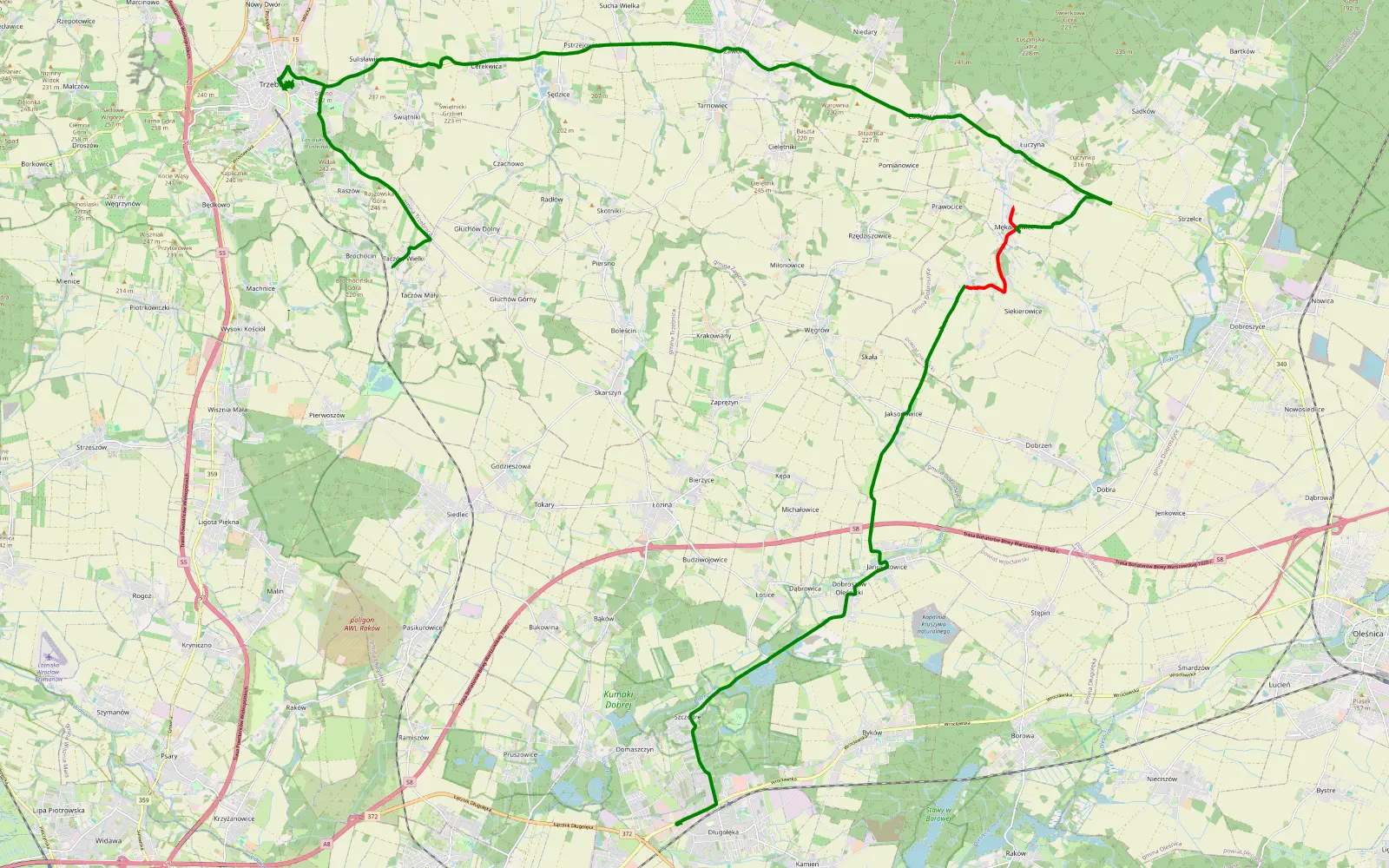 Mapa trasy Długołęka - Głuchów Górny - 8.3 km trasy offroad, Powiat Oleśnicki