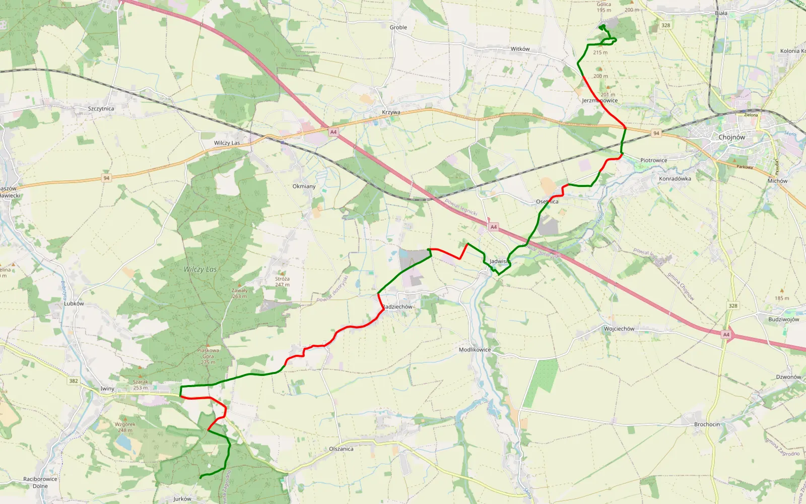 Map of Jerzmanowice - Jurków - 24.7 km offroad trail, Złotoryja County
