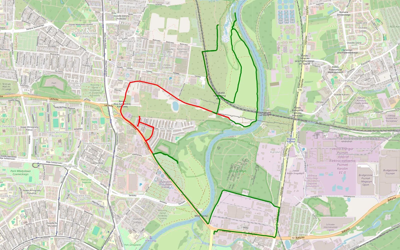 Mapa trasy Główna - Naramowice - 9.6 km trasy offroad, Poznań