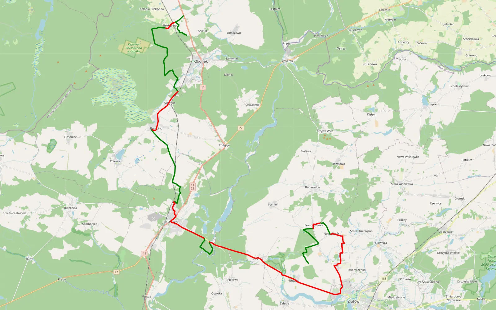 Map of Nowiny - Brokęcino - 55.1 km offroad trail, Złotów County