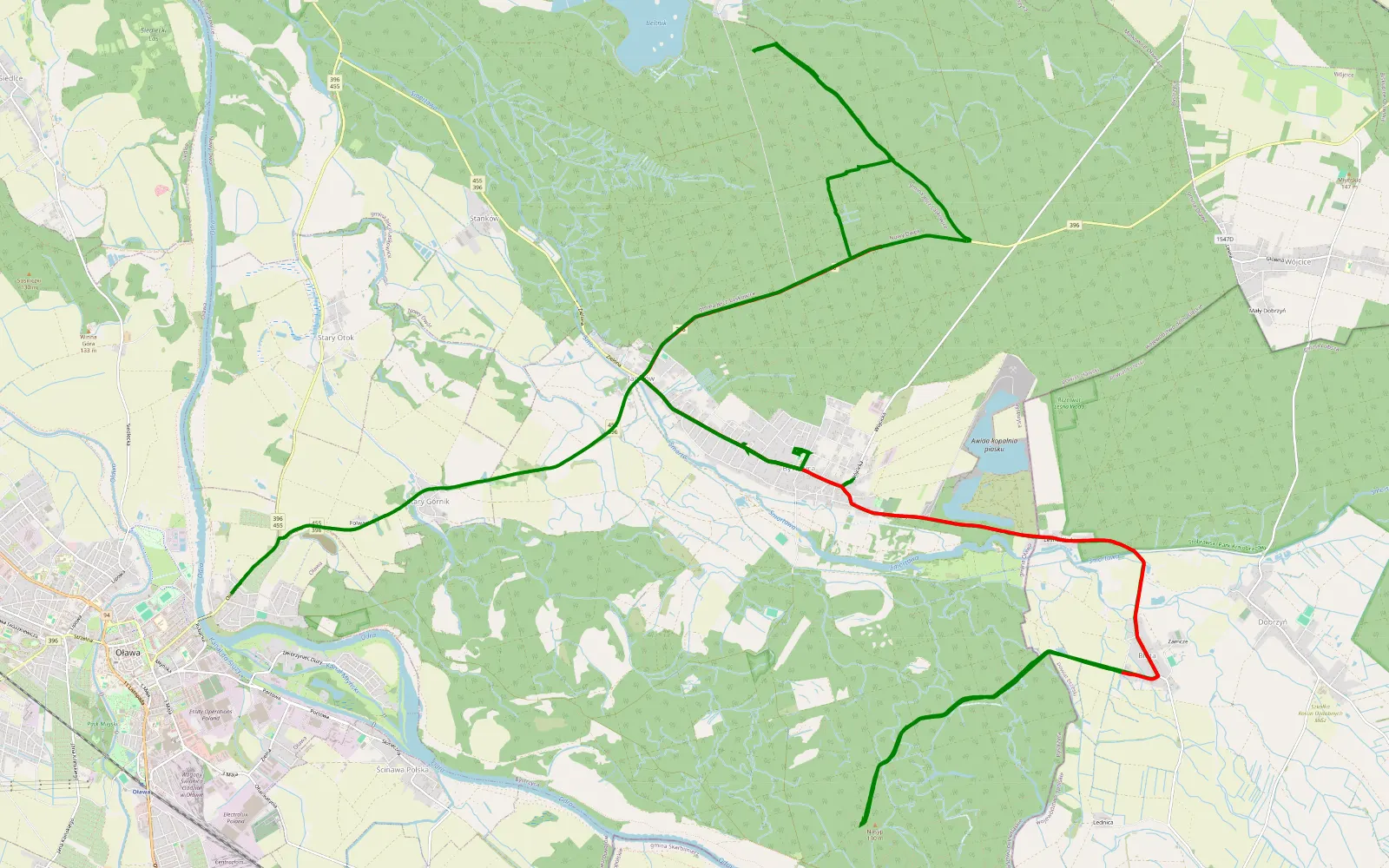 Mapa trasy Bystrzyca - Oława - 25.4 km trasy offroad, Powiat Oławski