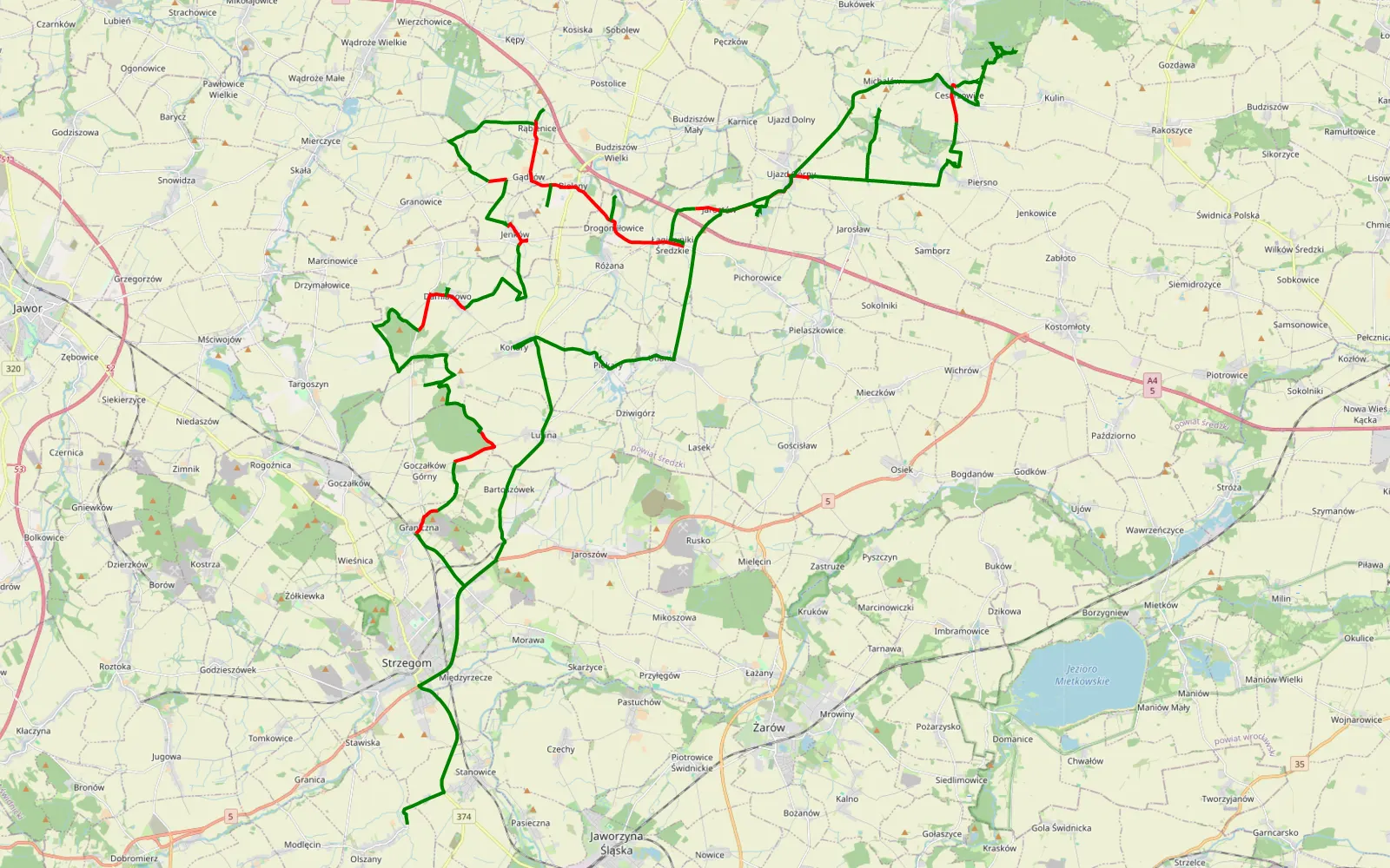 Mapa trasy Strzegom - Środa- Olszany - 65.7 km trasy offroad, Powiat Średzki