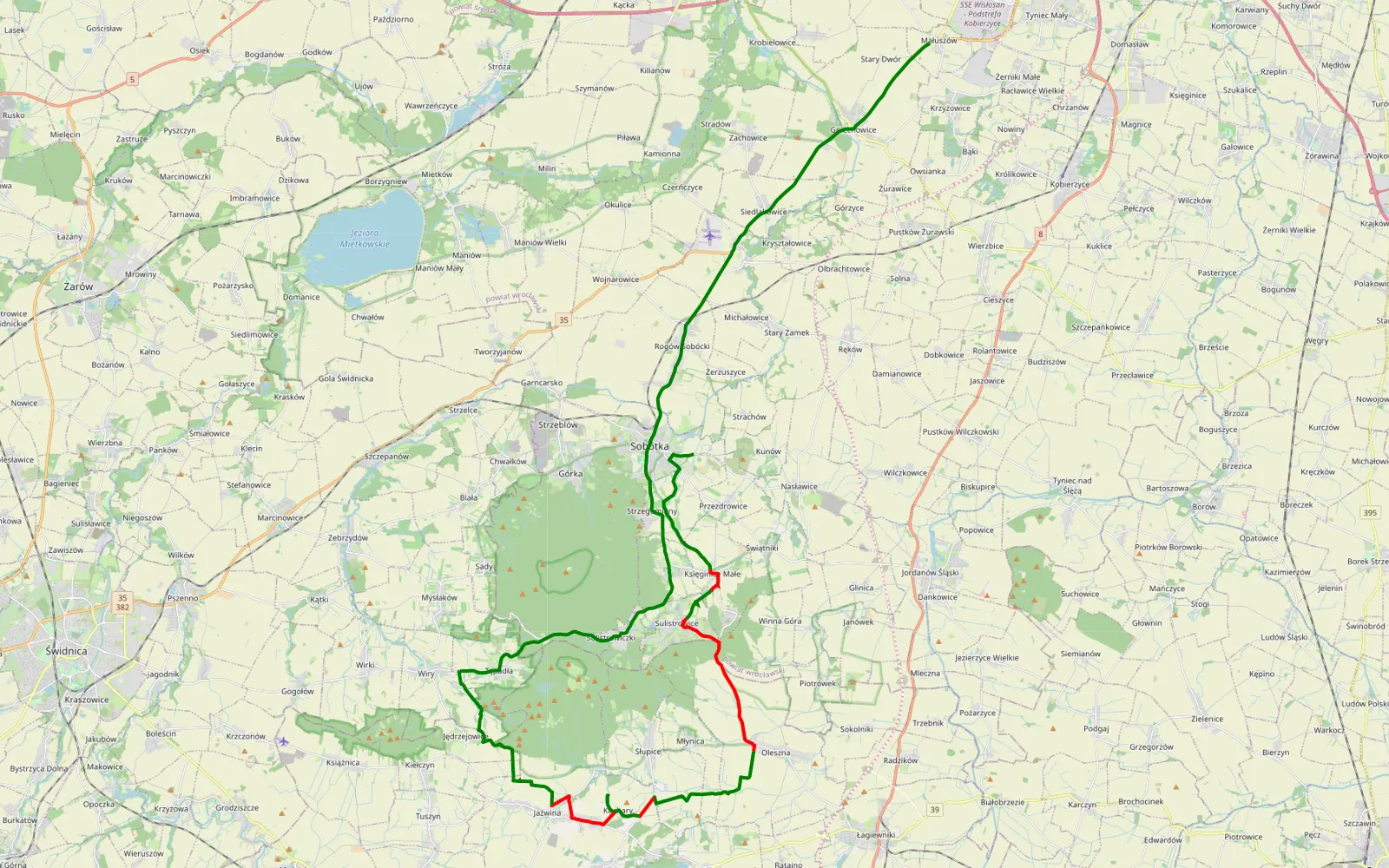 Mapa trasy Sobótka - Krzyżowice - 27 km trasy offroad, Powiat Dzierżoniowski
